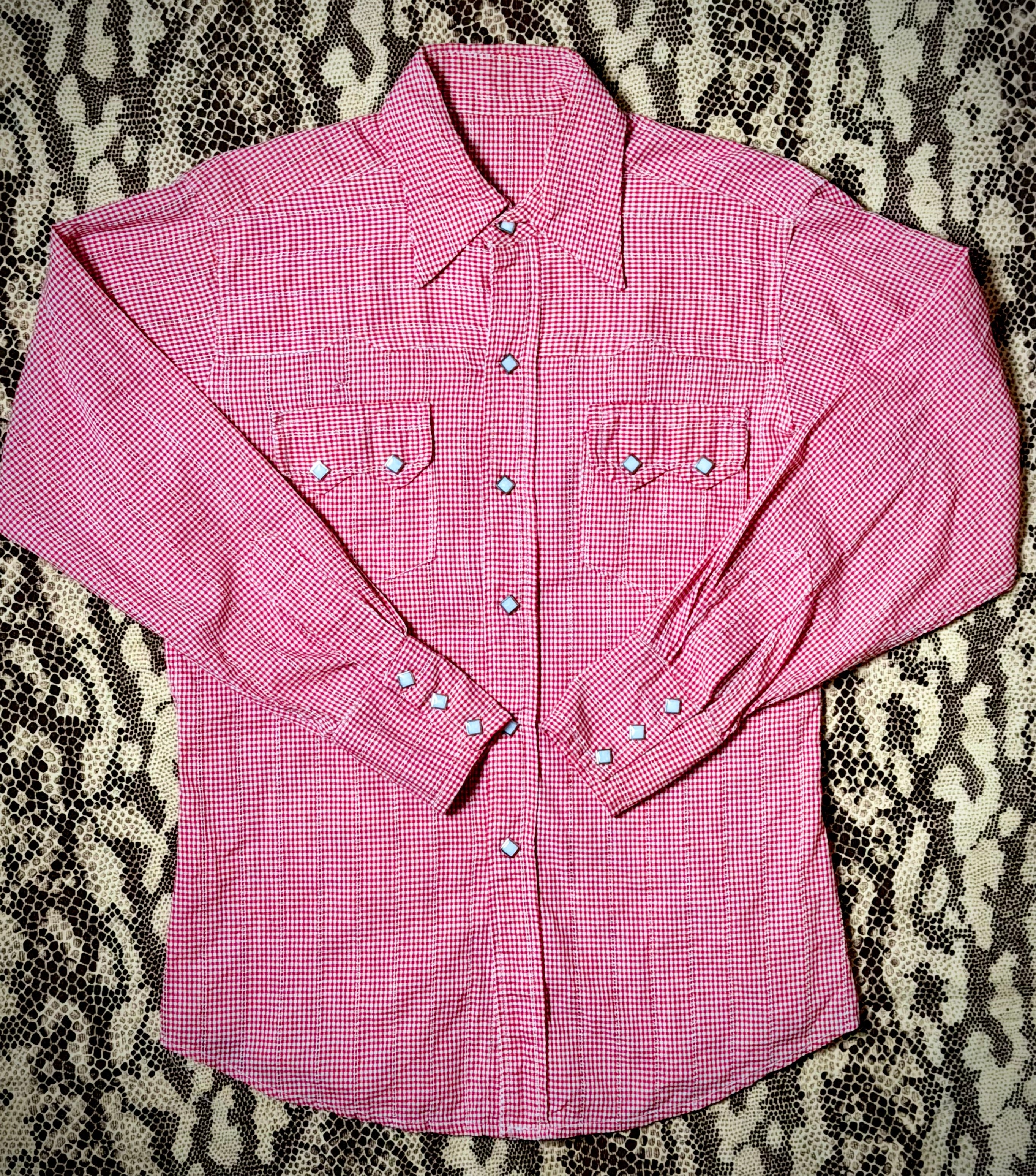 Vintage Red Gingham Western Shirt - Stud Button Detail - Fitted Cotton