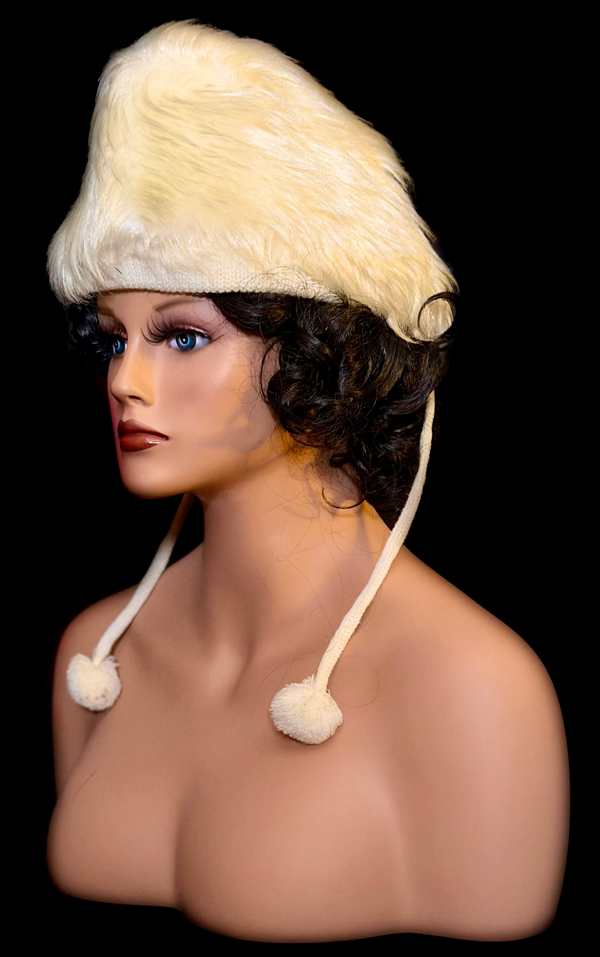 1940s Deadstock Faux Shearling Aviator-Style Hat with Pom-Pom Ties