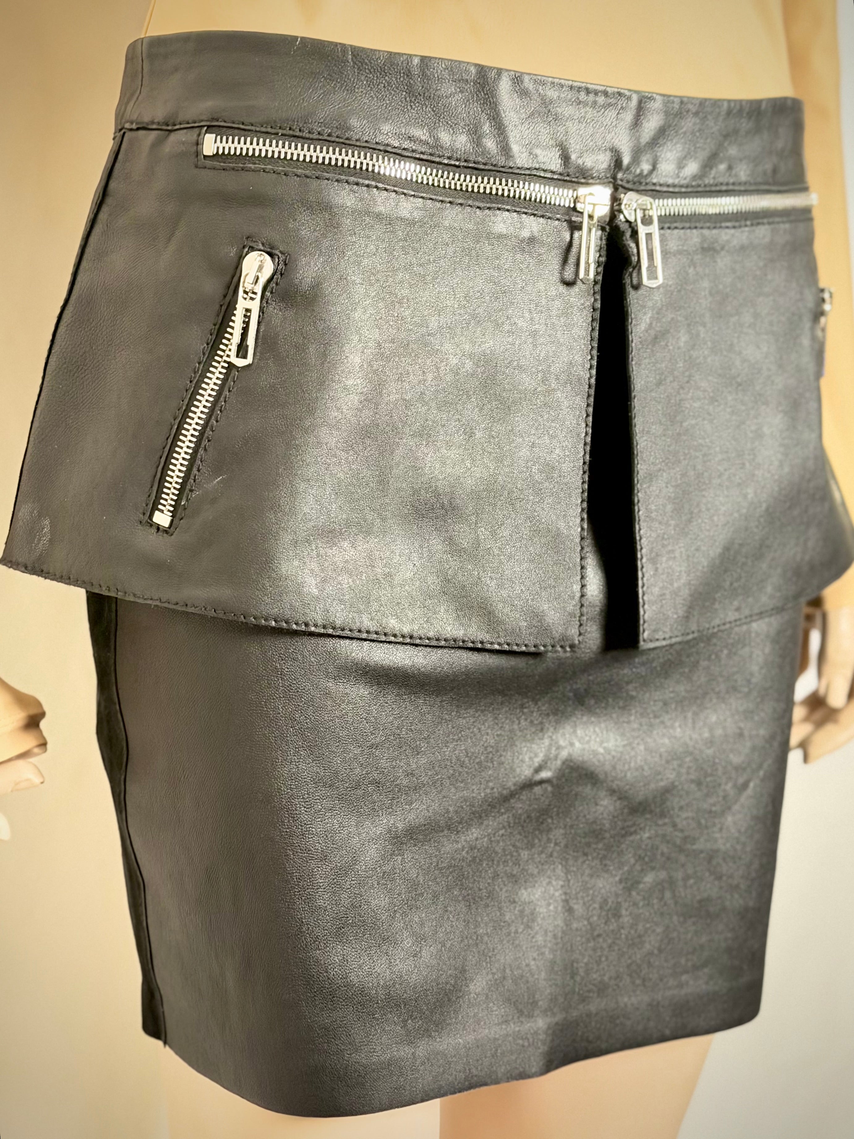 Costume National Black Goatskin and Lambskin Leather Mini Skirt
