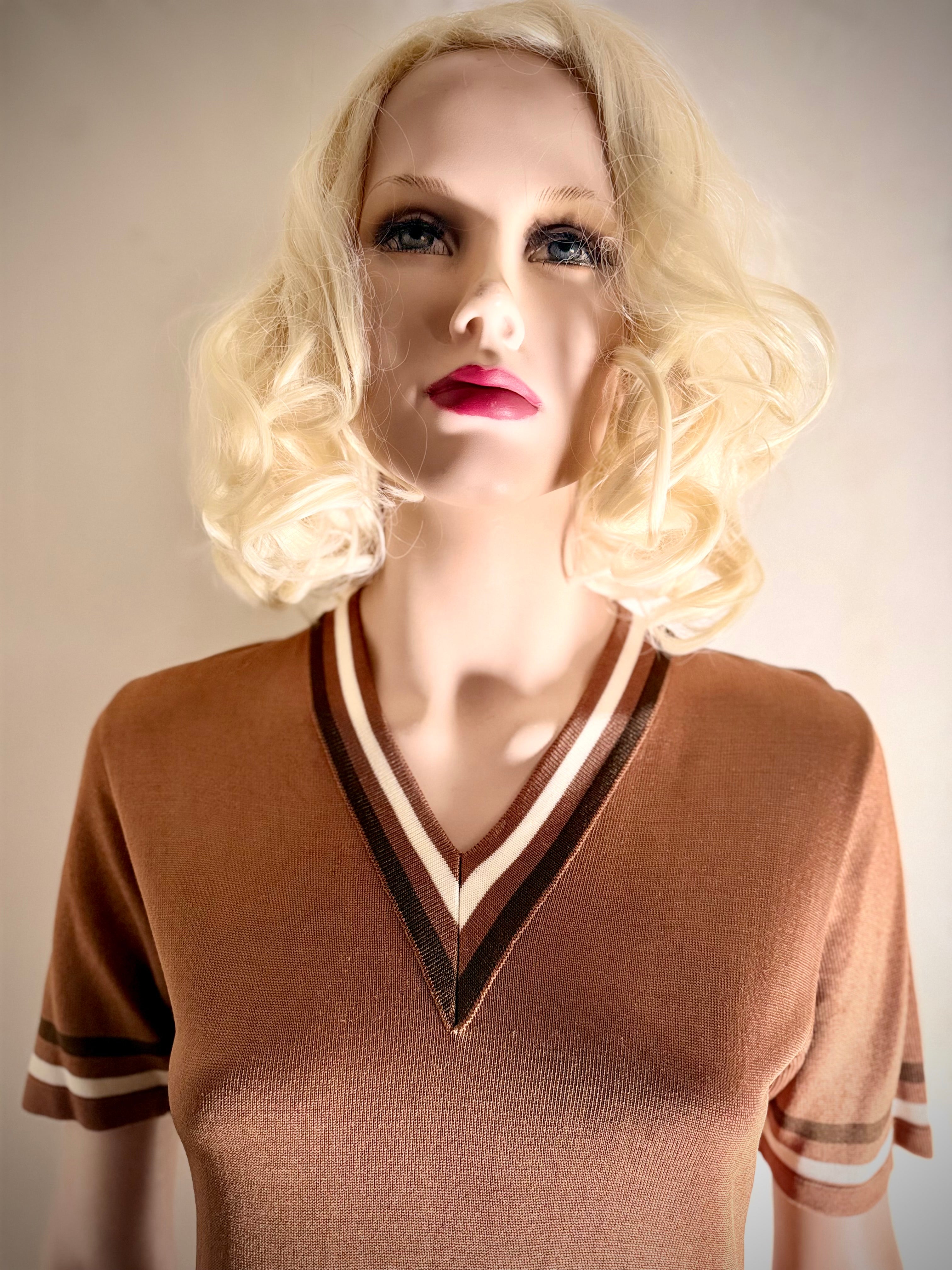 Vintage Brown Semi-Sheer Knit V-Neck Dress with Sporty Stripe Detail