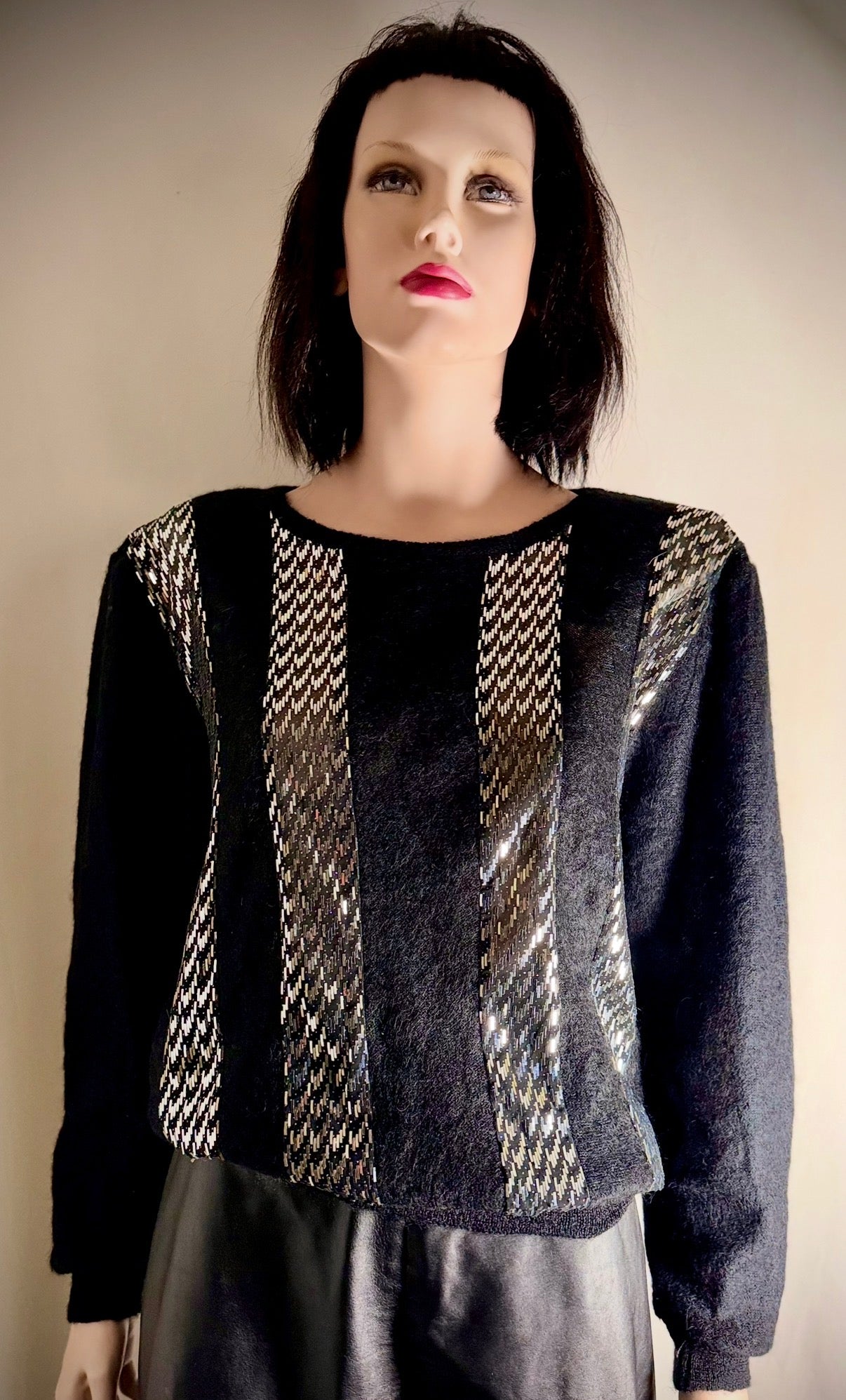 1980s Kid Mohair Beaded Knit Top / Black Mohair Sweater / Diamante Button Back
