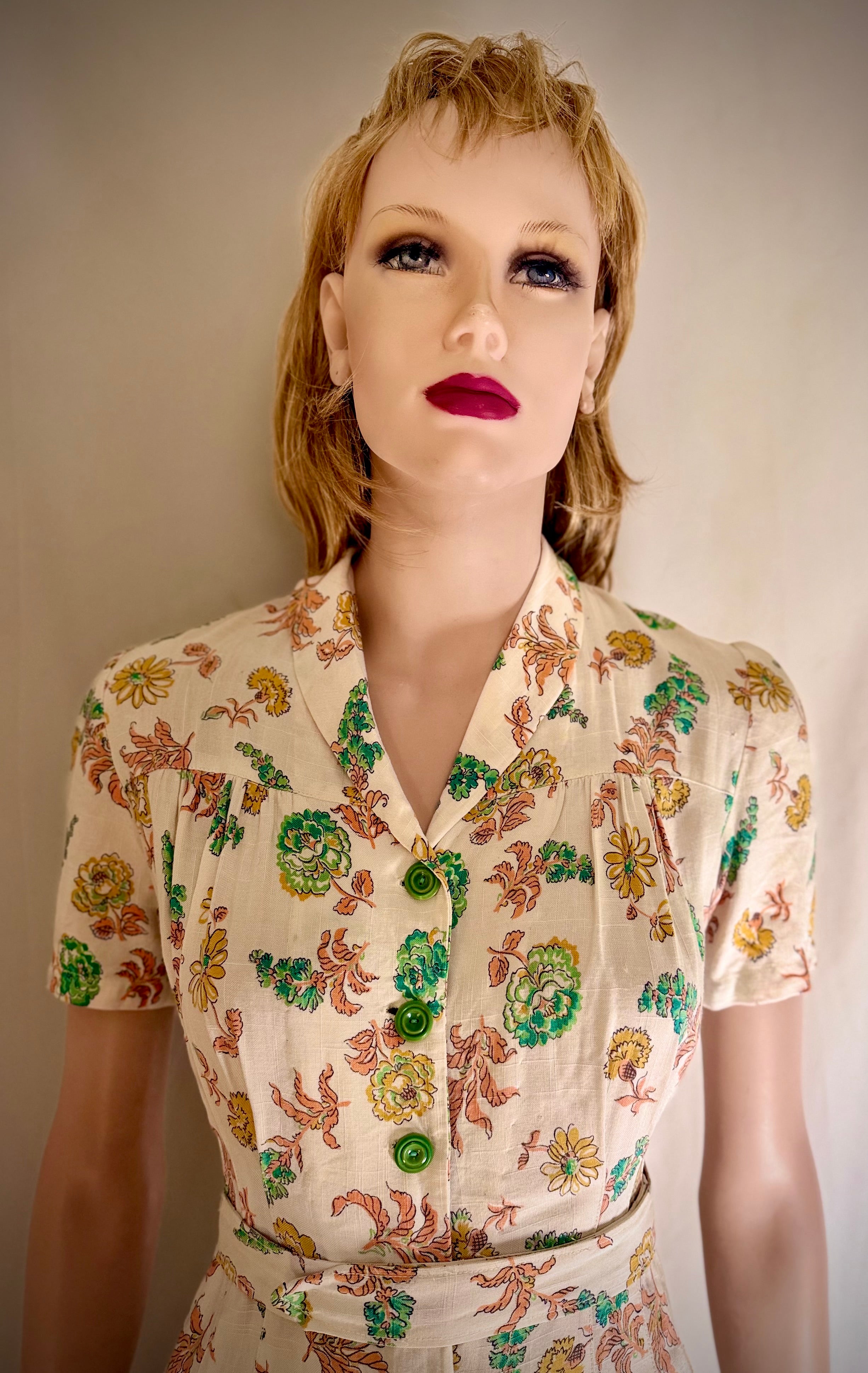 Late 1930s- Early 1940s Hand-Sewn Floral Day Dress with Original Green Buttons