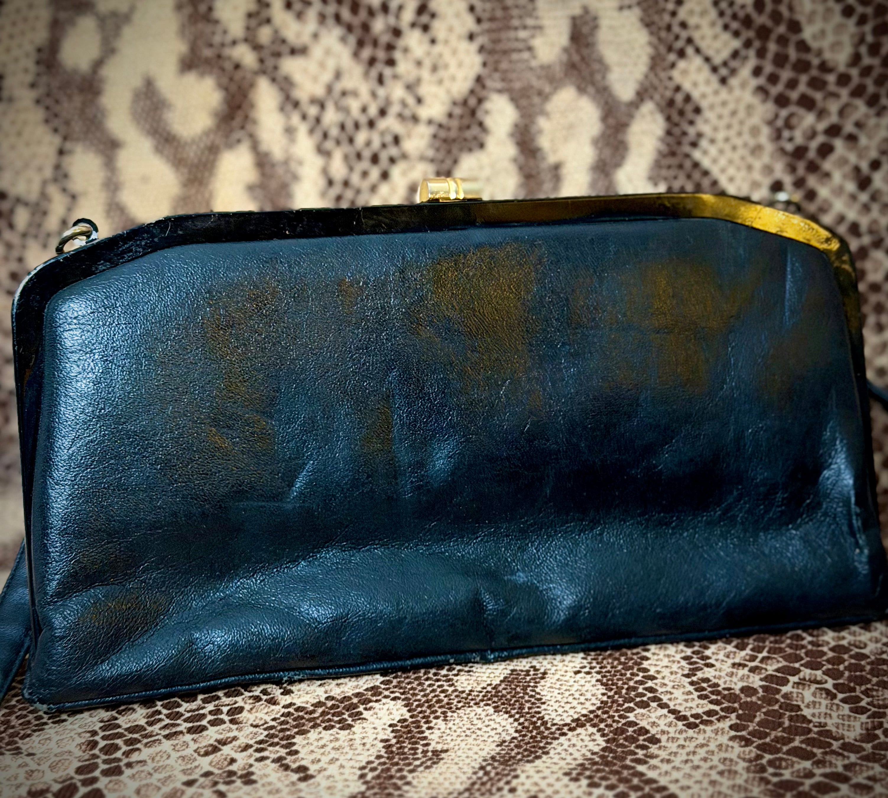 Late 50s-Early 60s Black Gathered Leather Shoulder Bag with Gold Butterfly Clasp