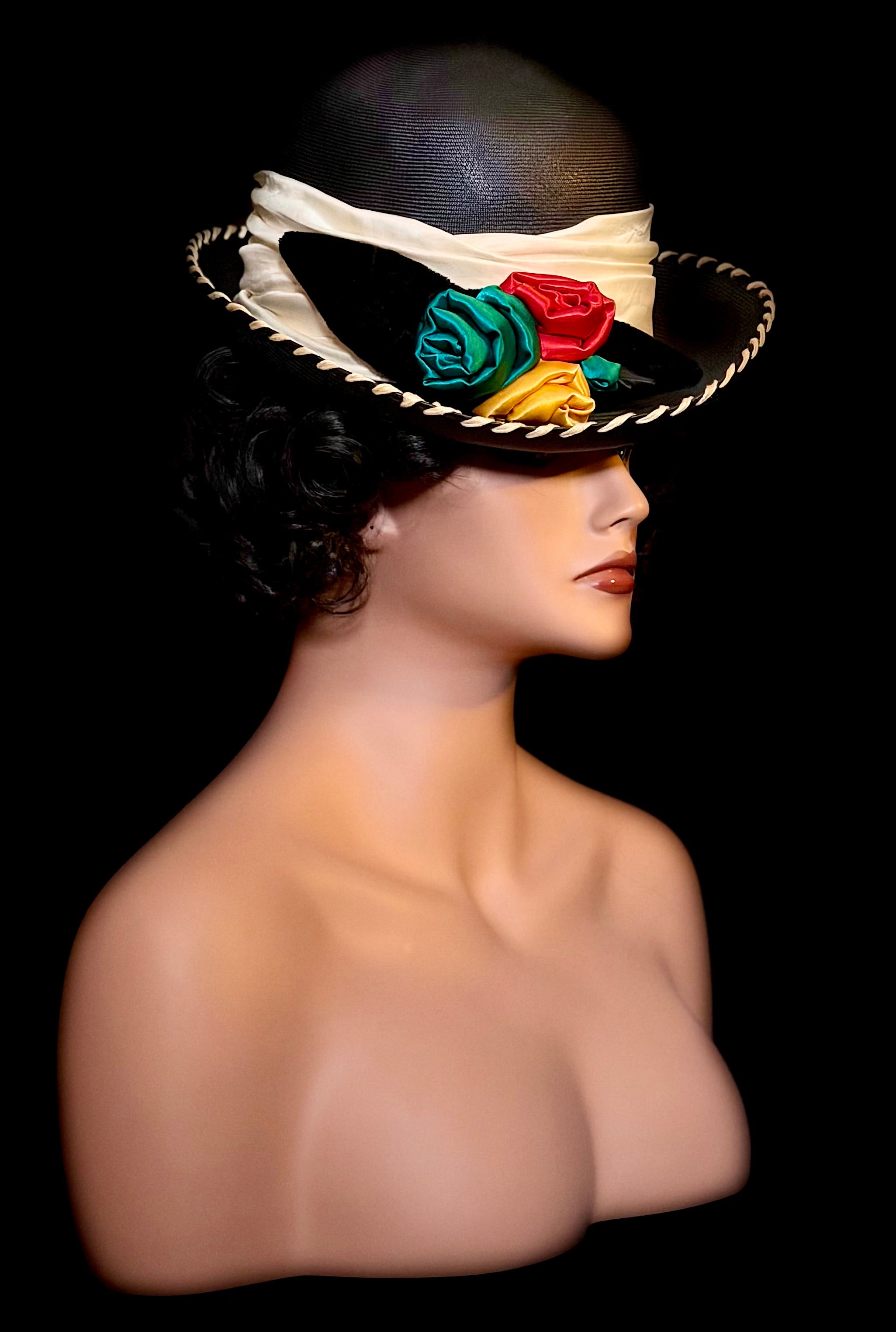 Exceptional Mid-Century Sculptural Hat - Black Structured Crown with Velvet and Satin Roses