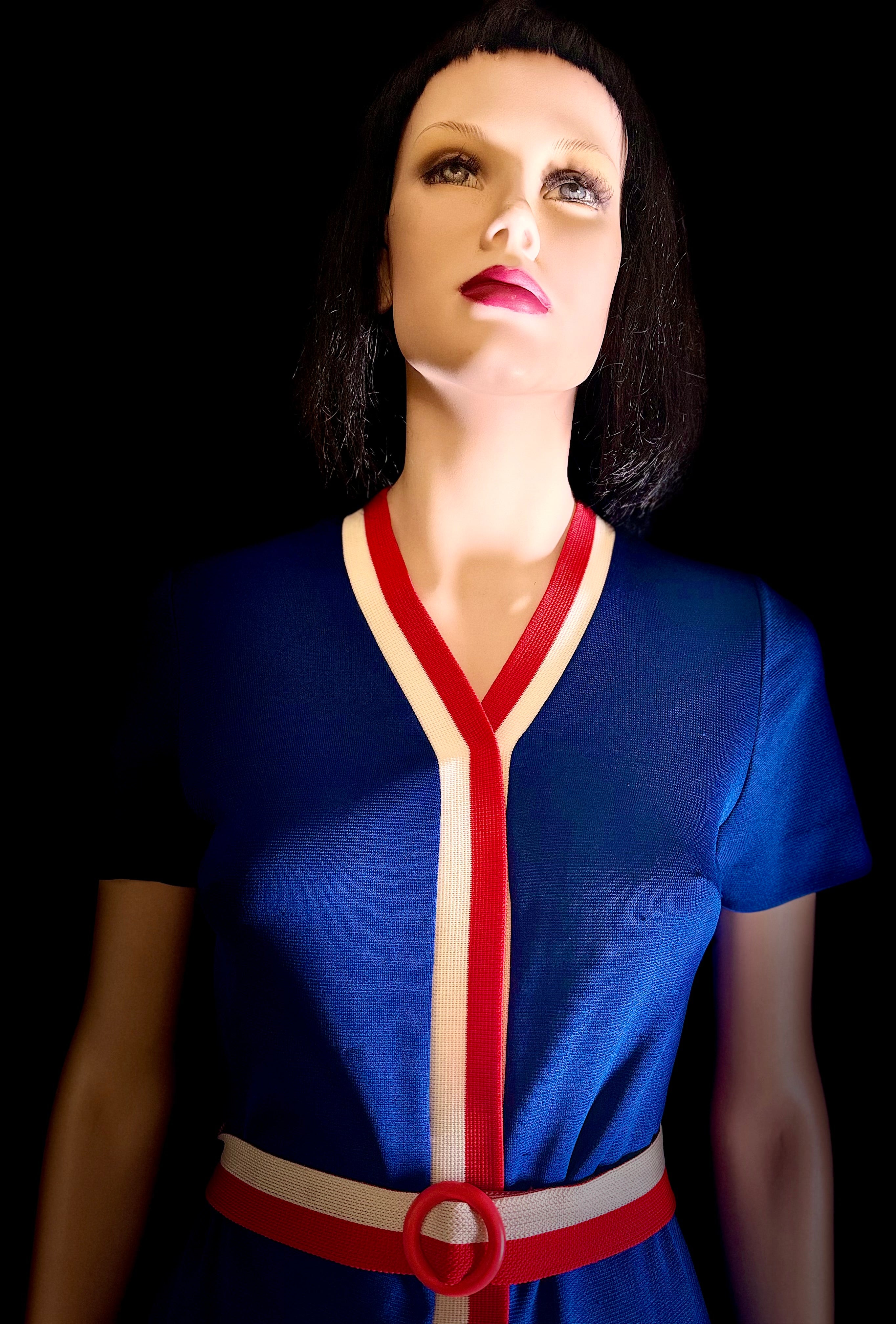 Vintage Graphic Knit Mini Dress / Tunic - Cobalt Blue with Red & White Trim