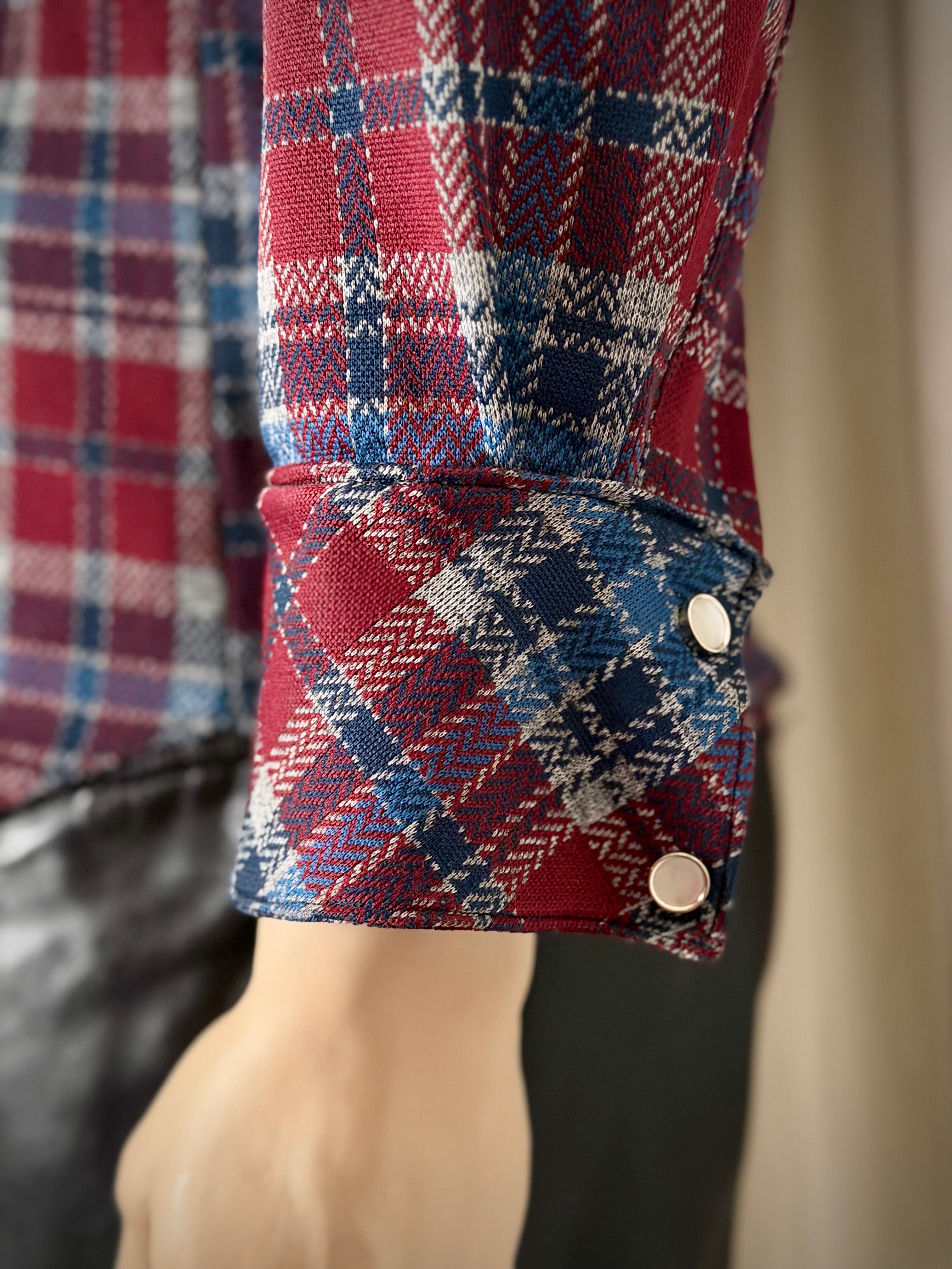 Deadstock 1970s Western Snap Shirt - Burgundy, Blue and Cream Plaid
