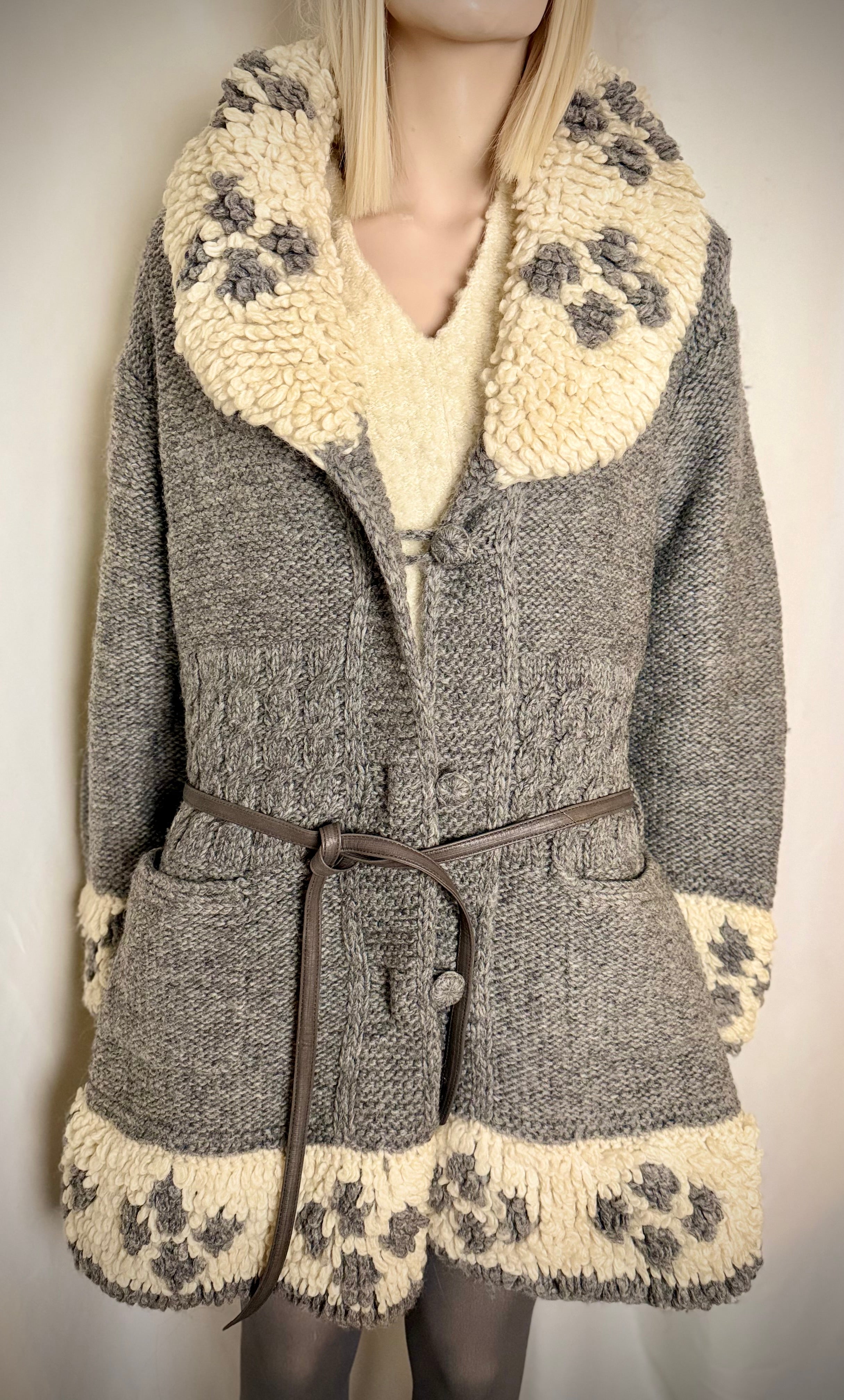 1970s Hand Knitted Nordic Wool Cardigan With Leather Belt