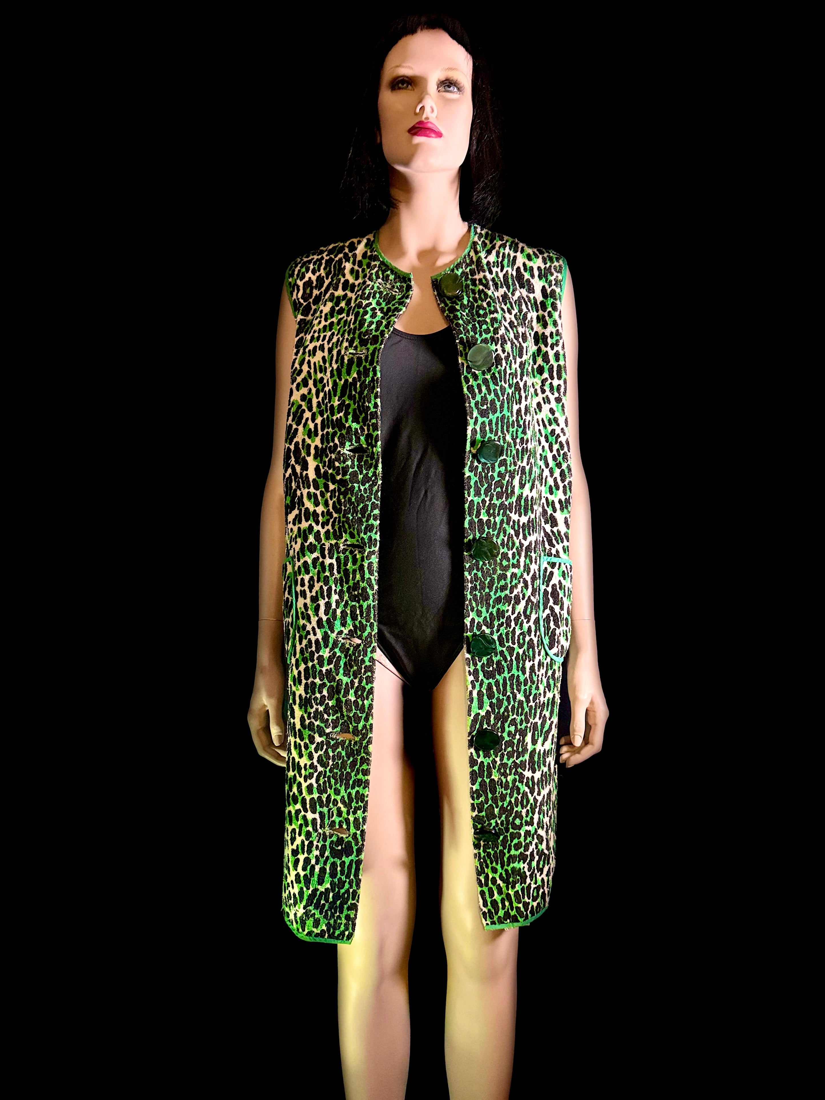 Vintage 1960s Leopard Print Towelling Dress | Unworn | Graphic Green