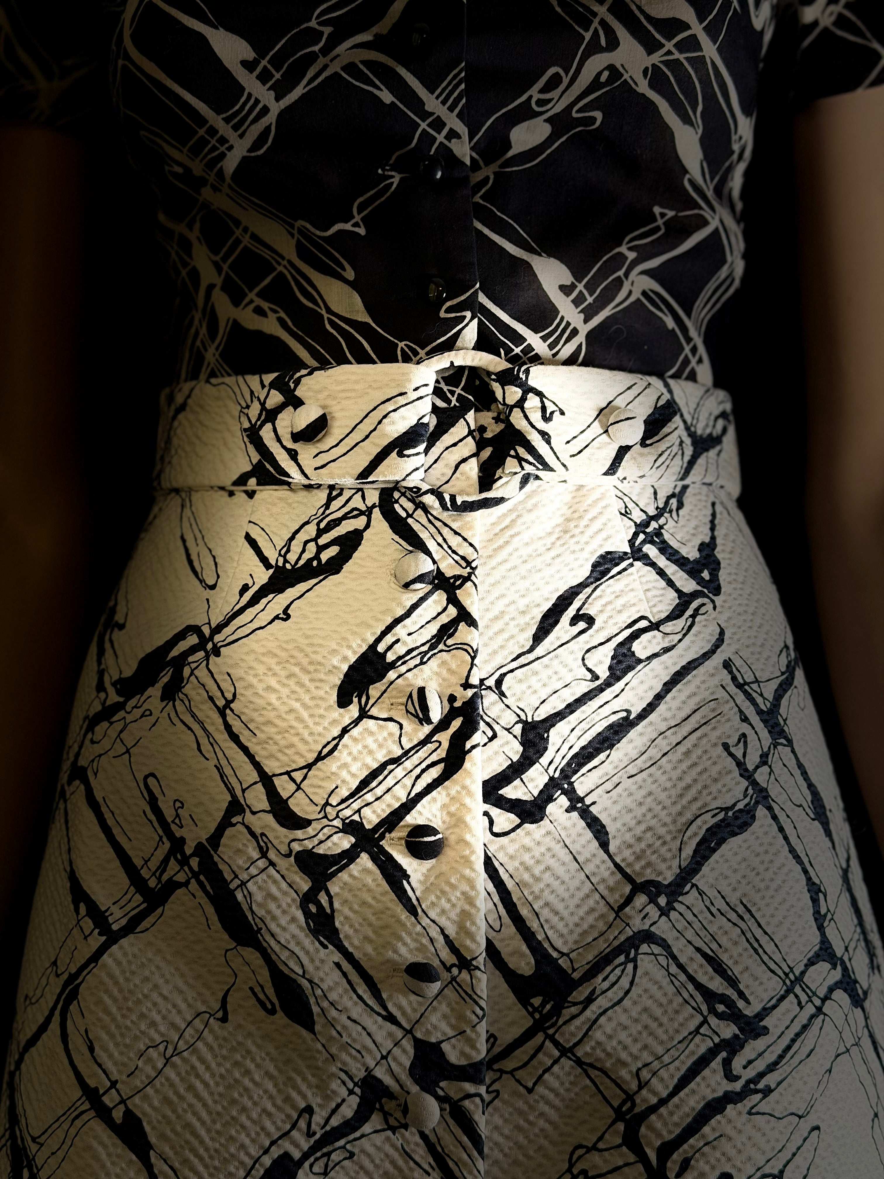Pristine 1950s Abstract Print Dress with Sculptural Collar