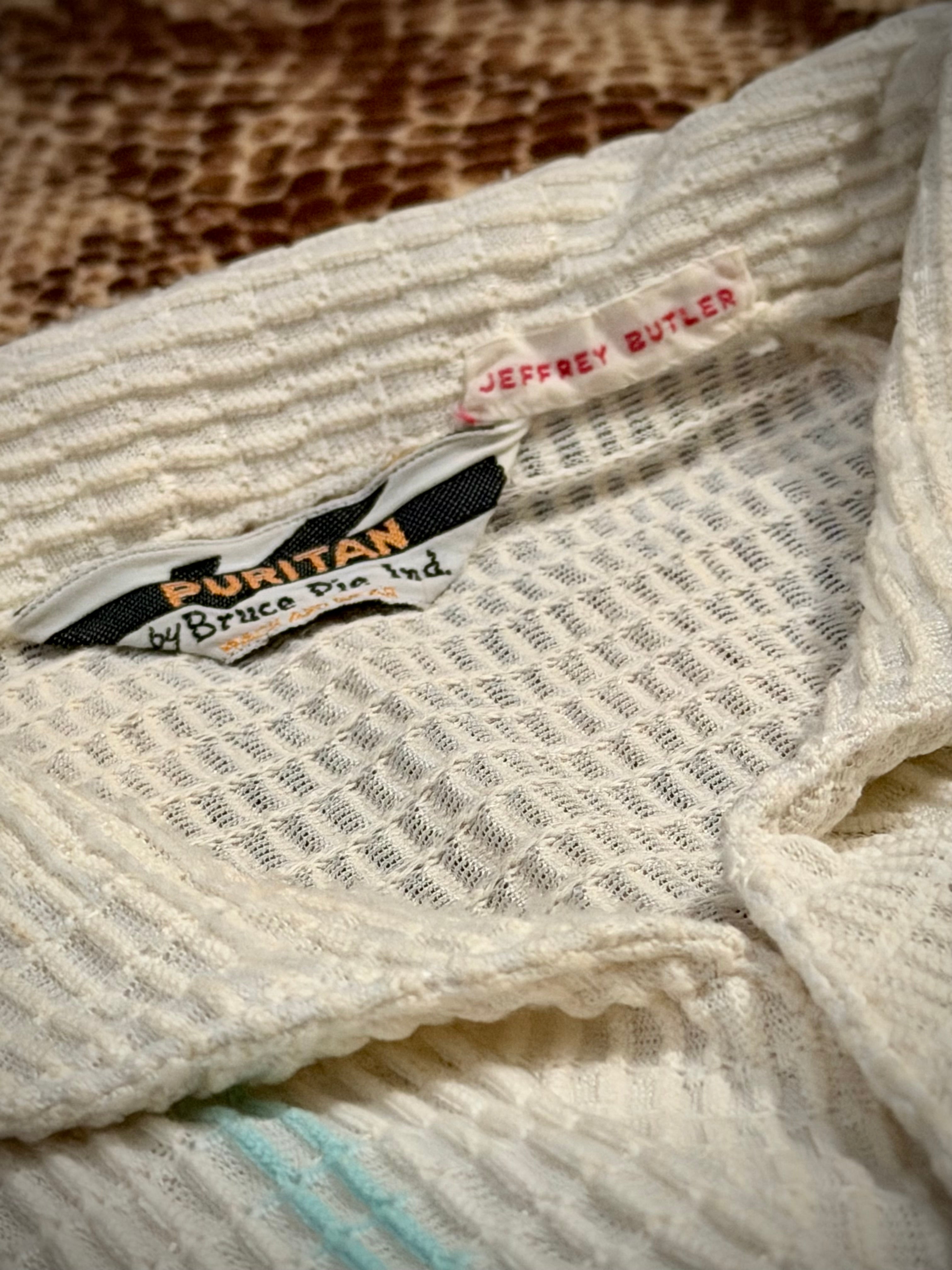 1950s/60s Textured Knit Resort Shirt- Vertical Stripe Waffle Weave (Rare)