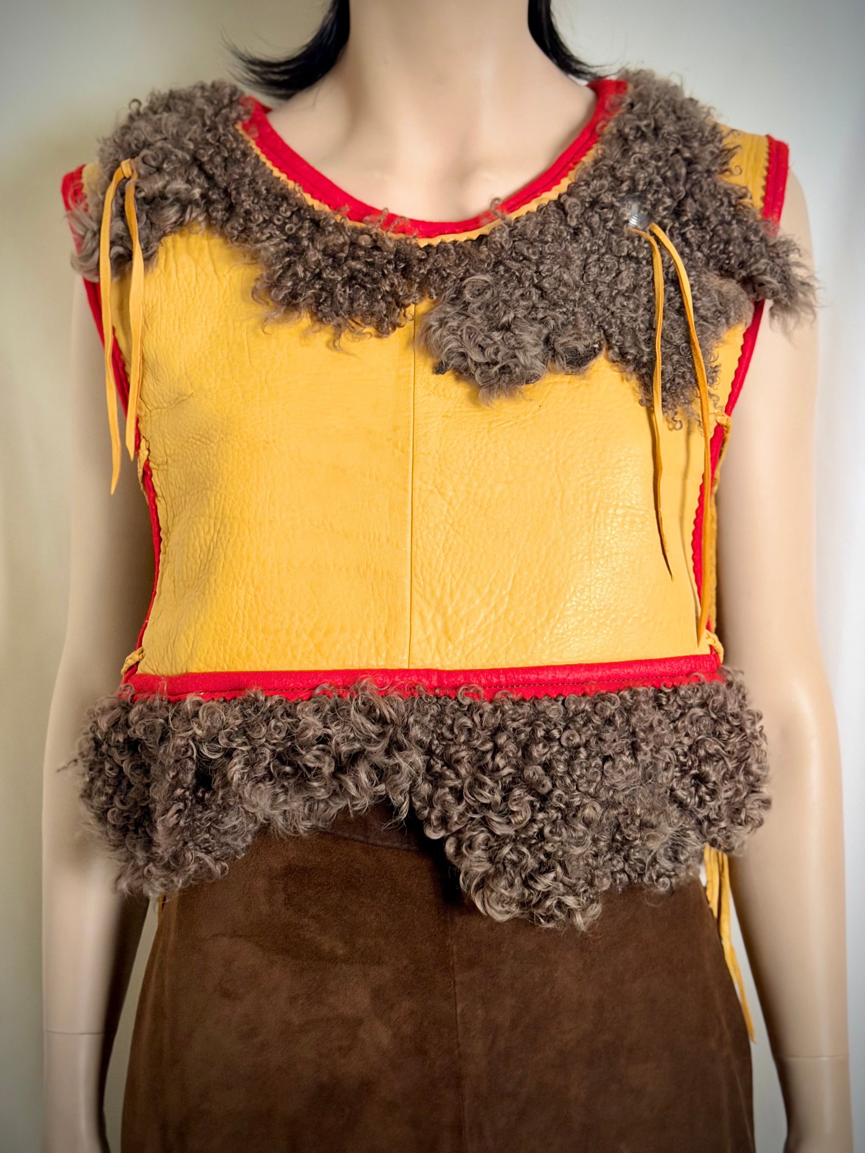 Rare 1970s Handmade Char Designs Leather and Mongolian Lamb Fur Vest