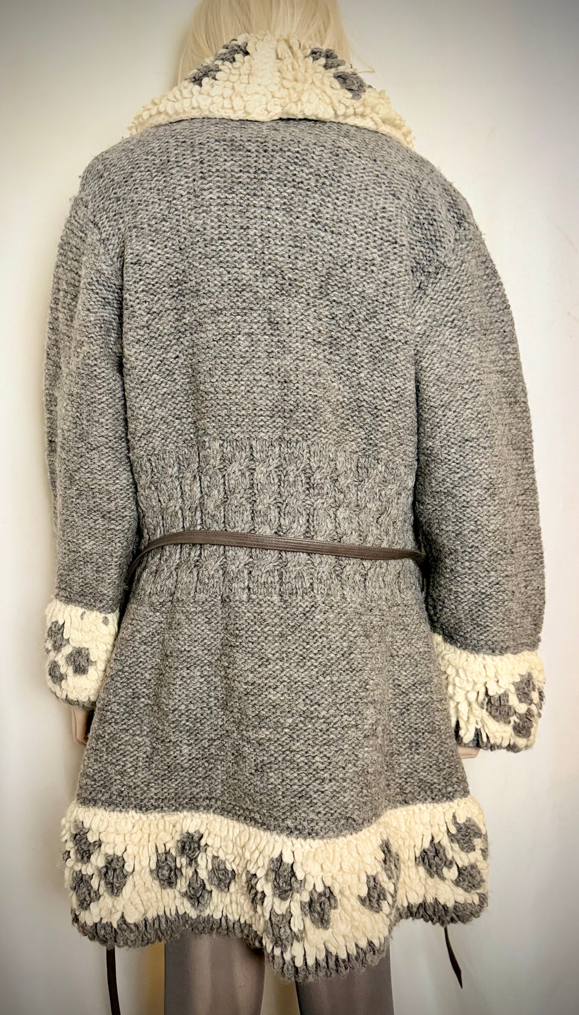 1970s Hand Knitted Nordic Wool Cardigan With Leather Belt