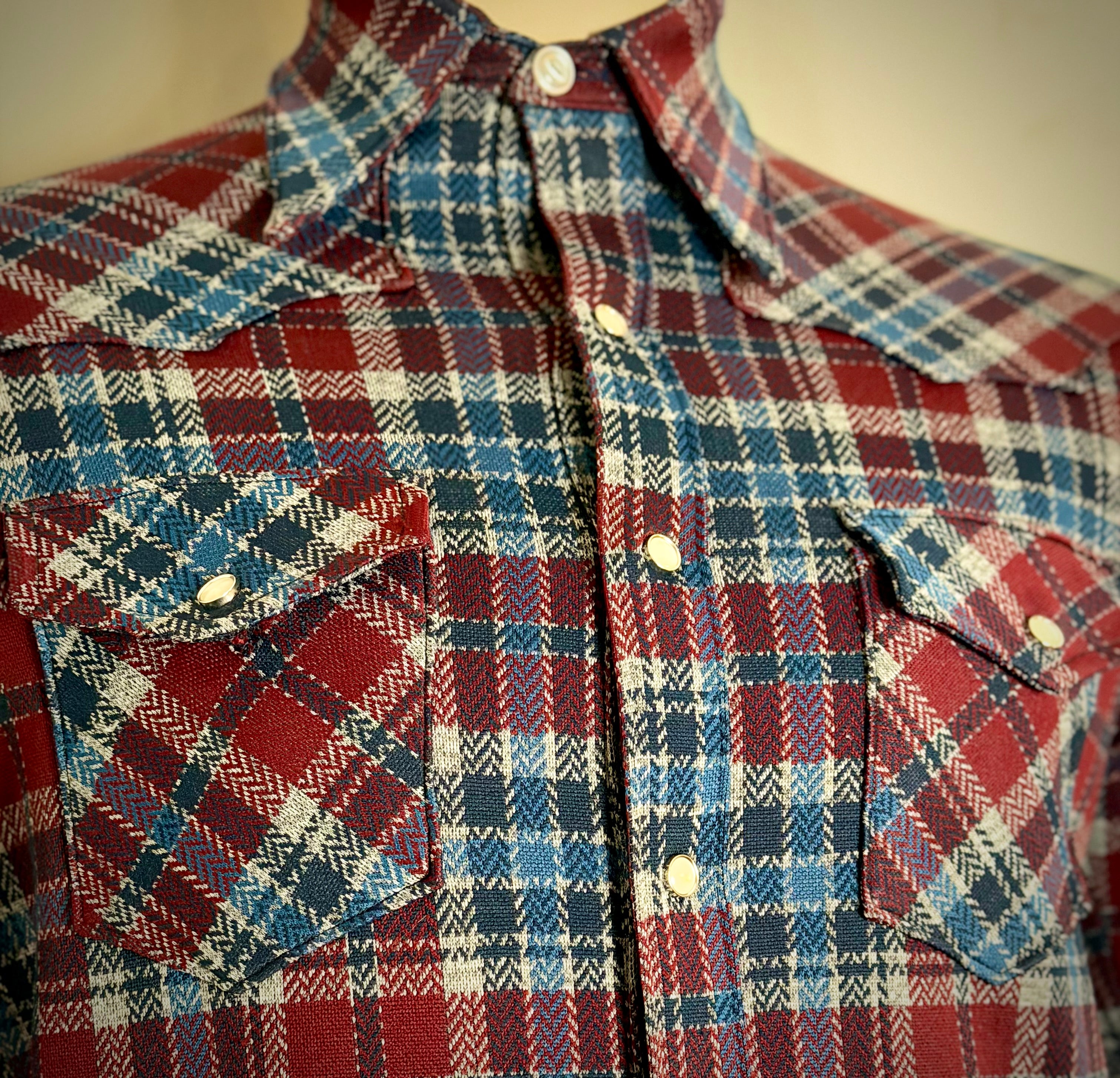 Deadstock 1970s Western Snap Shirt - Burgundy, Blue and Cream Plaid