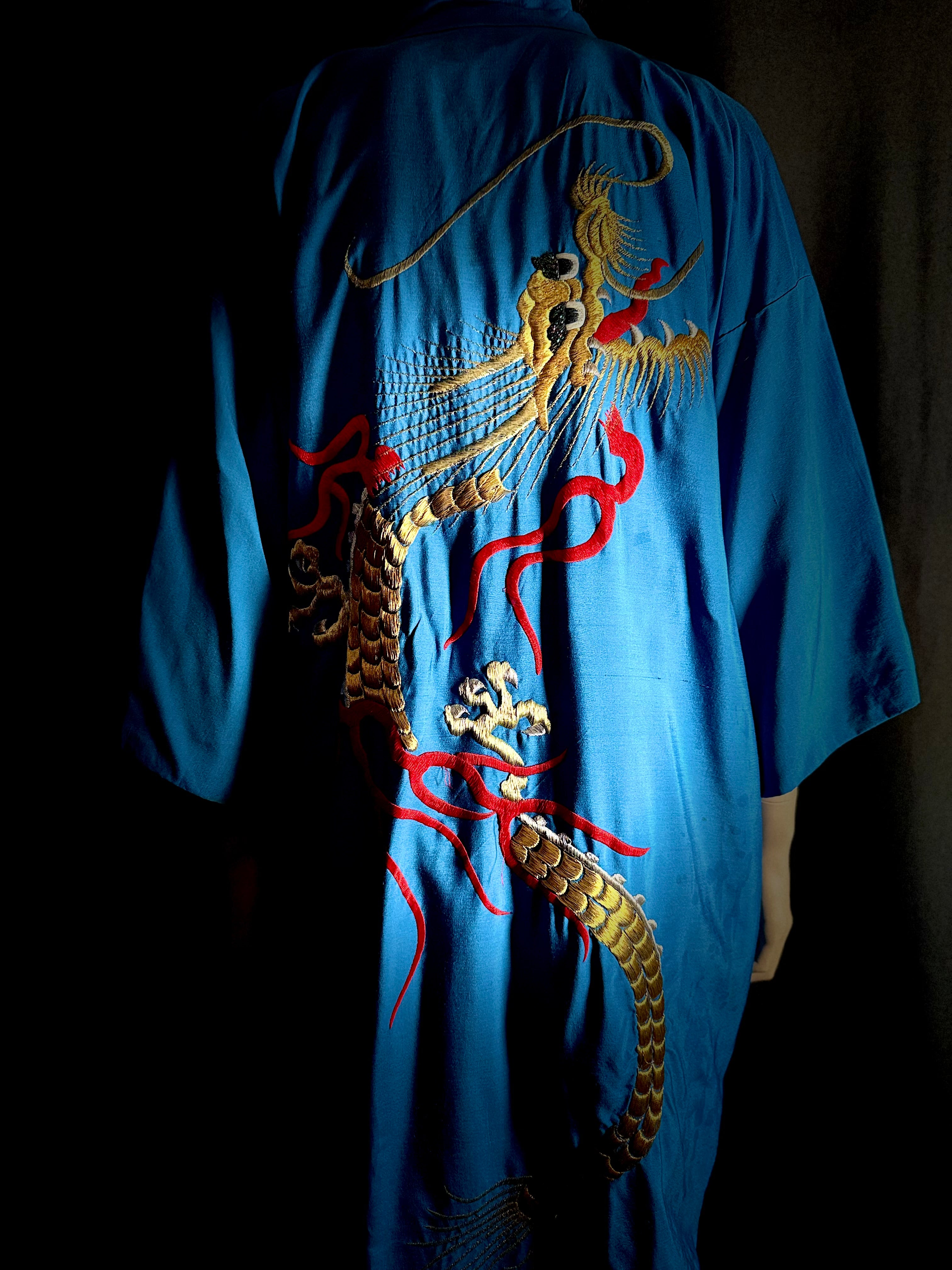 1940s Hand Embroidered Dragon Silk Smoking Robe
– Made in Japan