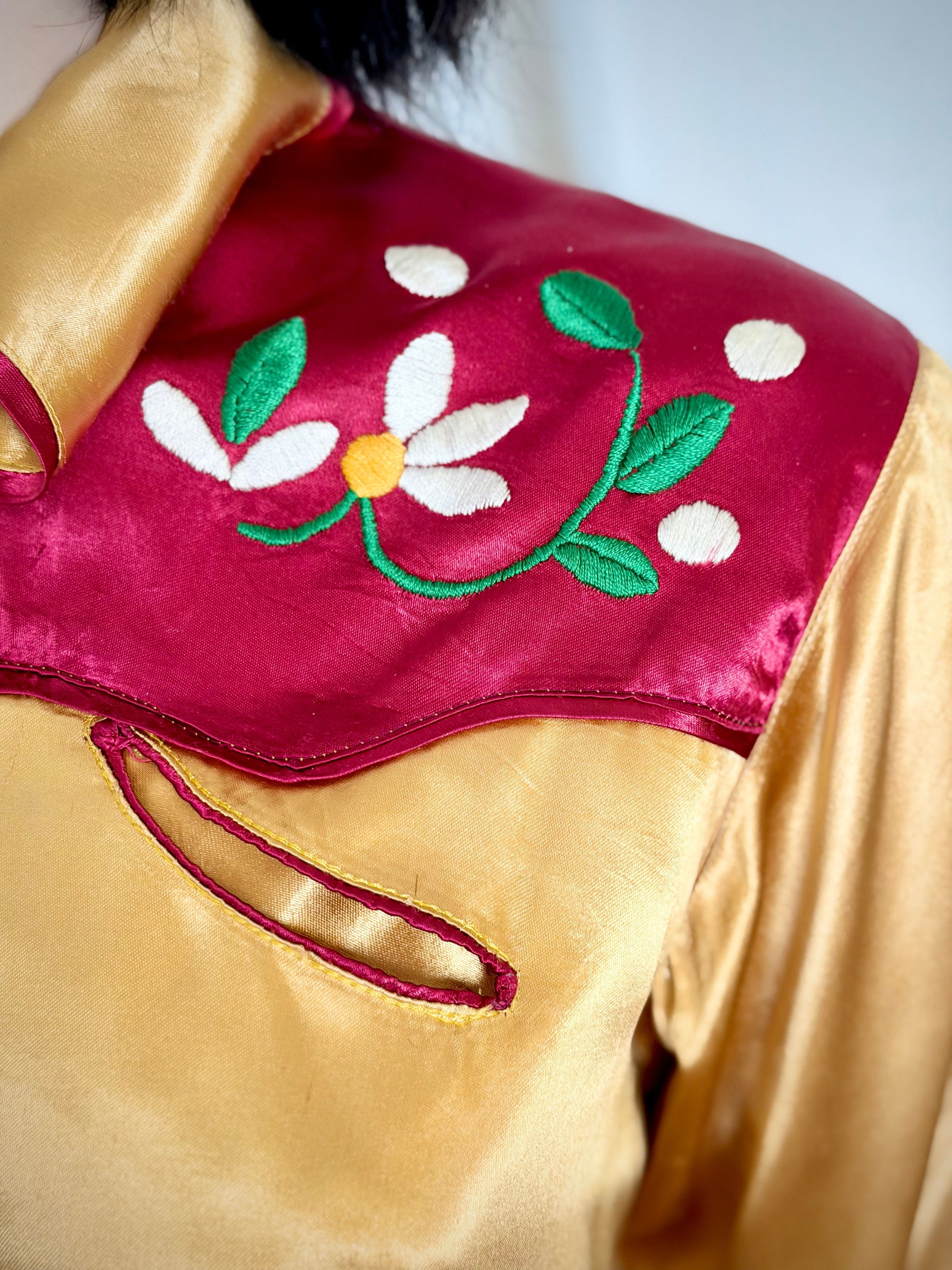 1940s Hand Embroidered Satin Western Shirt