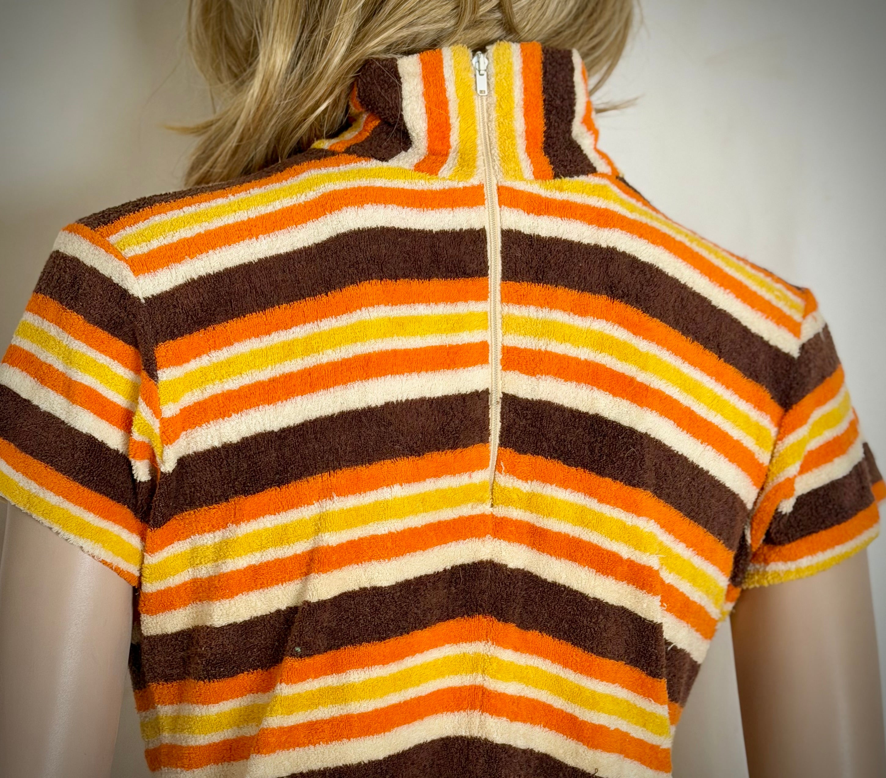 Vintage 1960s Towelling Mini Dress | High Neck | Graphic Stripe | Unworn