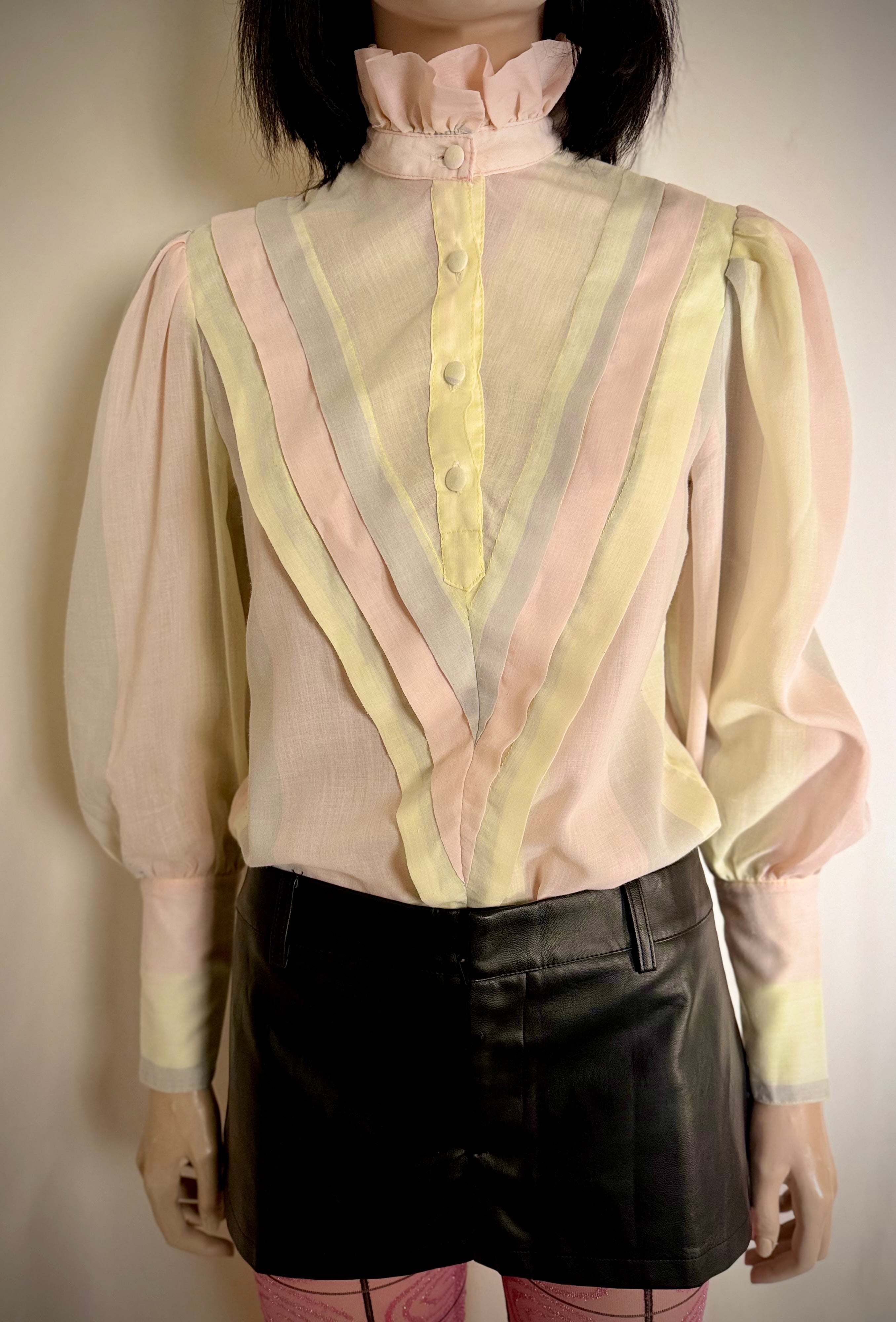 1980s Pastel Stripe Leg of Mutton Cotton Blouse