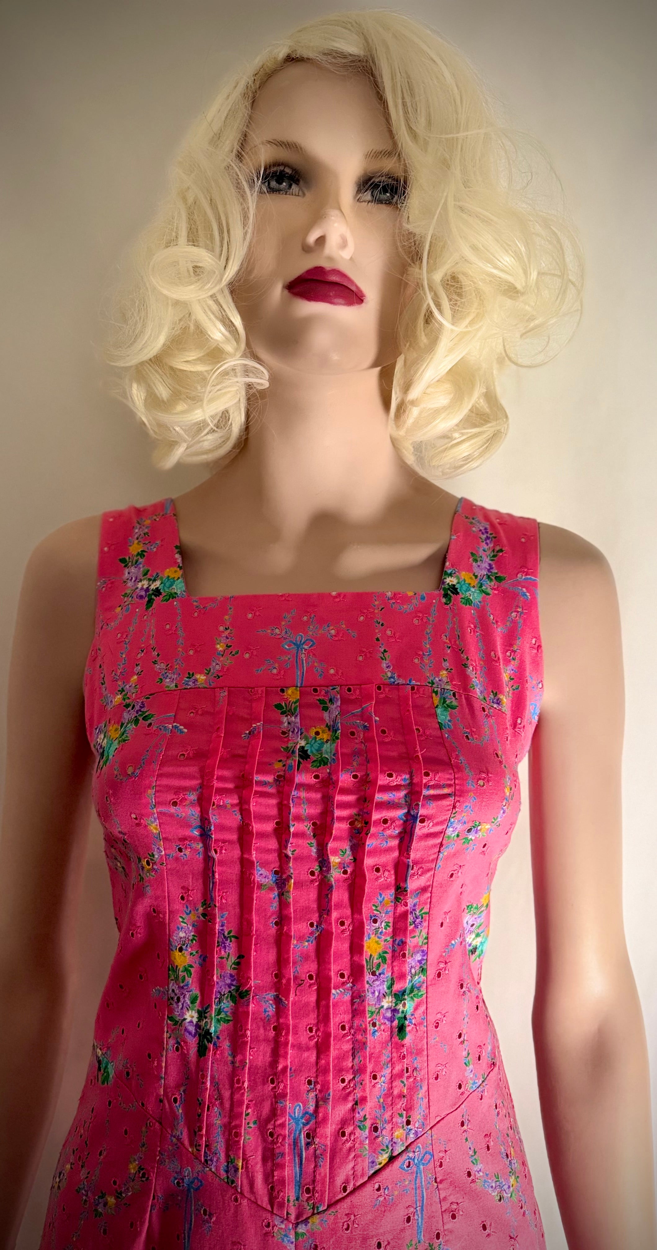 Circa 1960 Pink Floral Eyelet Cotton Dress with Pintucked Bodice