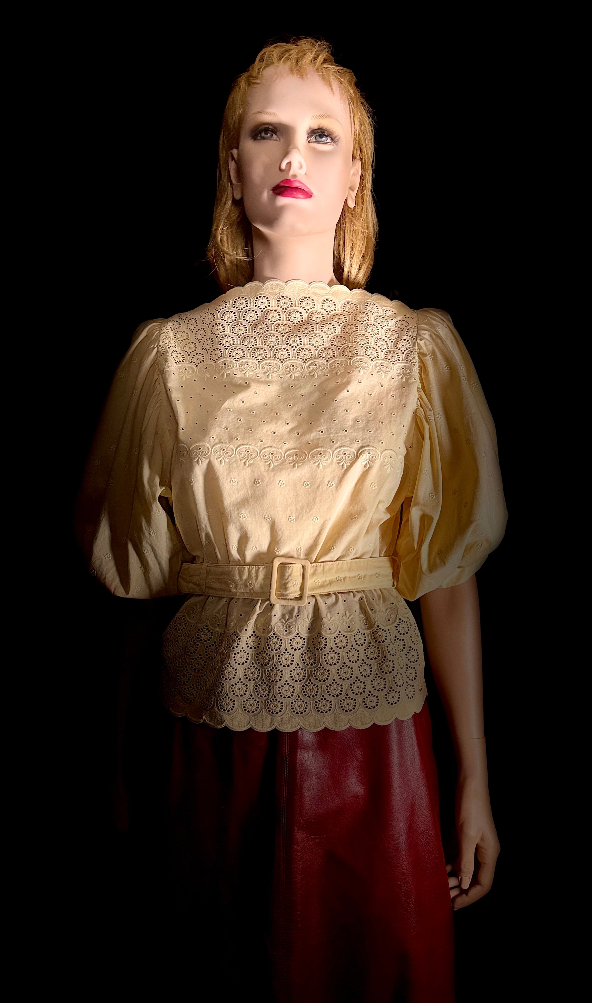 1970s Structured Broderie Anglaise Blouse with Belt - High Neck / Sculpted Sleeve
