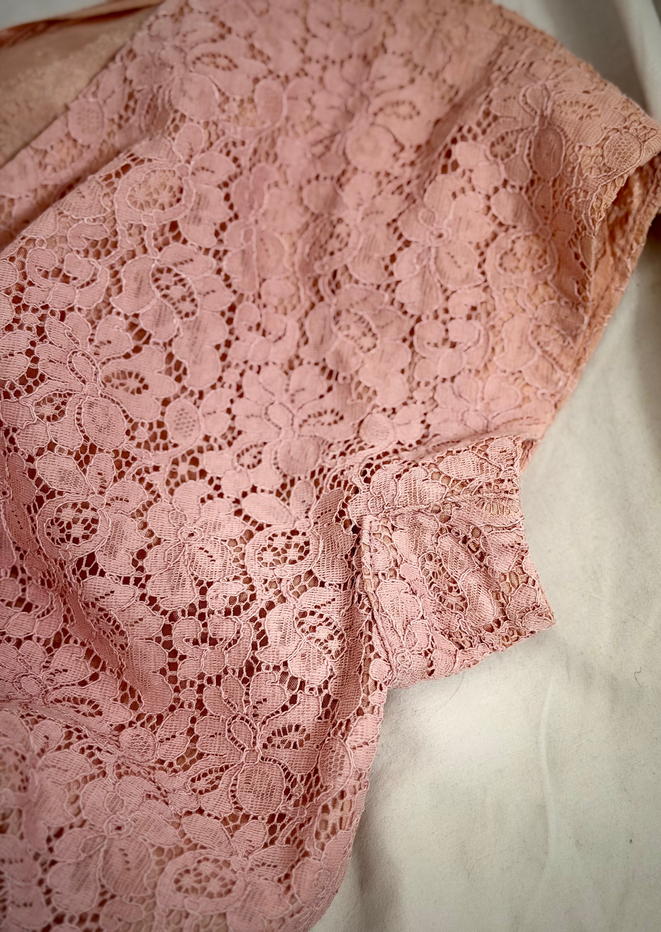 1950s Pink Lace Cocktail Dress with Satin Rosette Belt