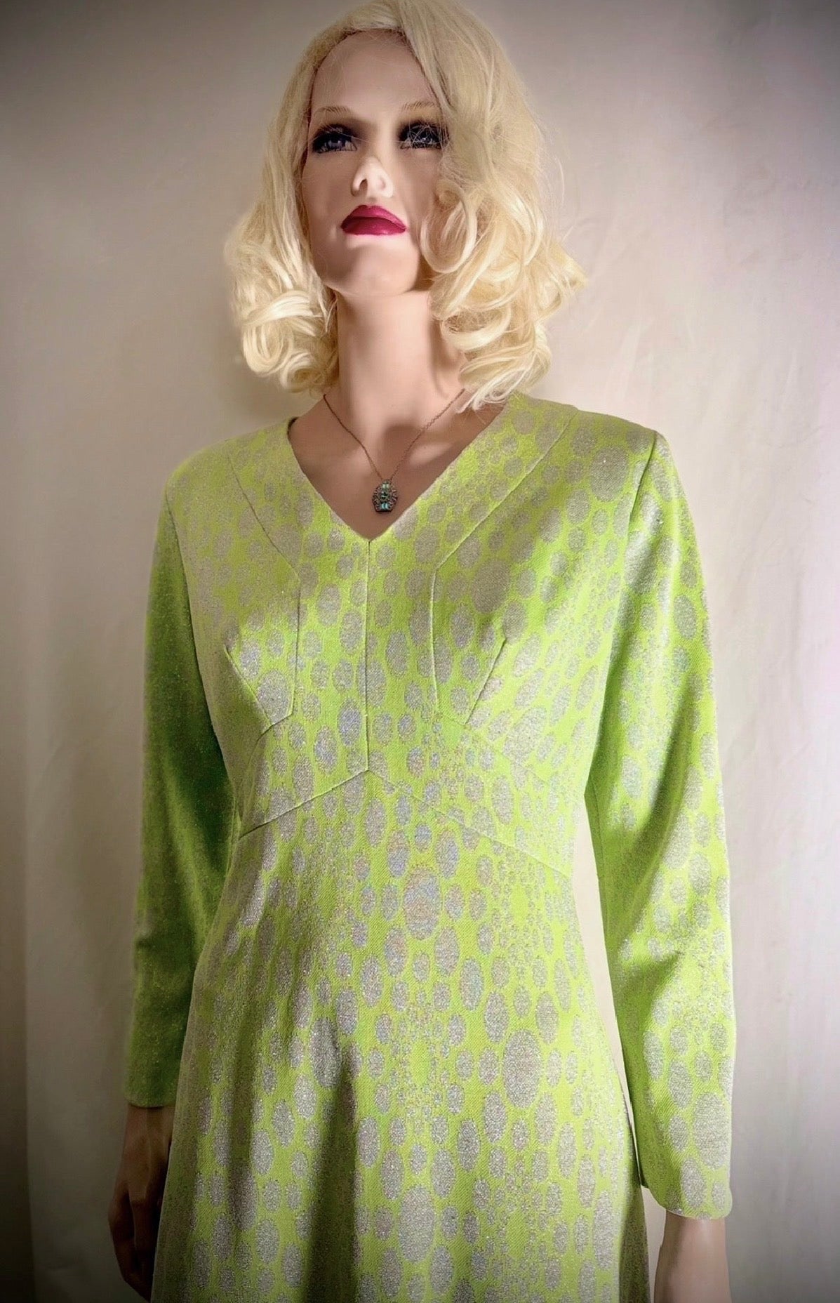 1960s Chartreuse Metallic Jacquard Op-Art Evening Gown (Mint Condition)