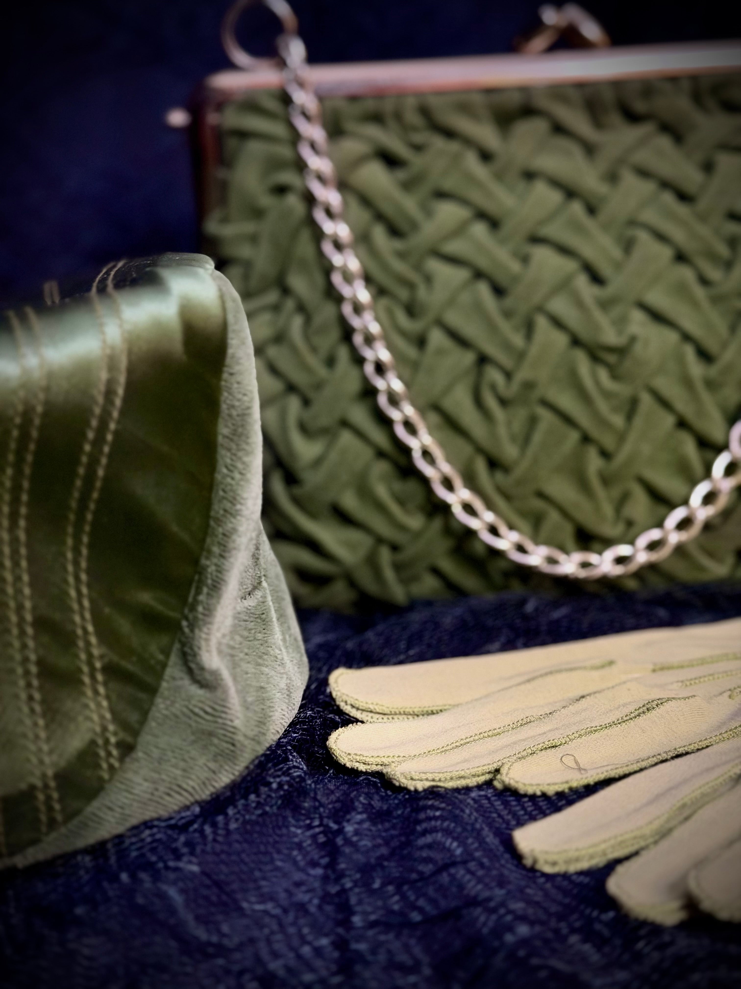 1950s Olive Velvet Evening Bag and Sage Gloves - Mid-Century Cocktail Set