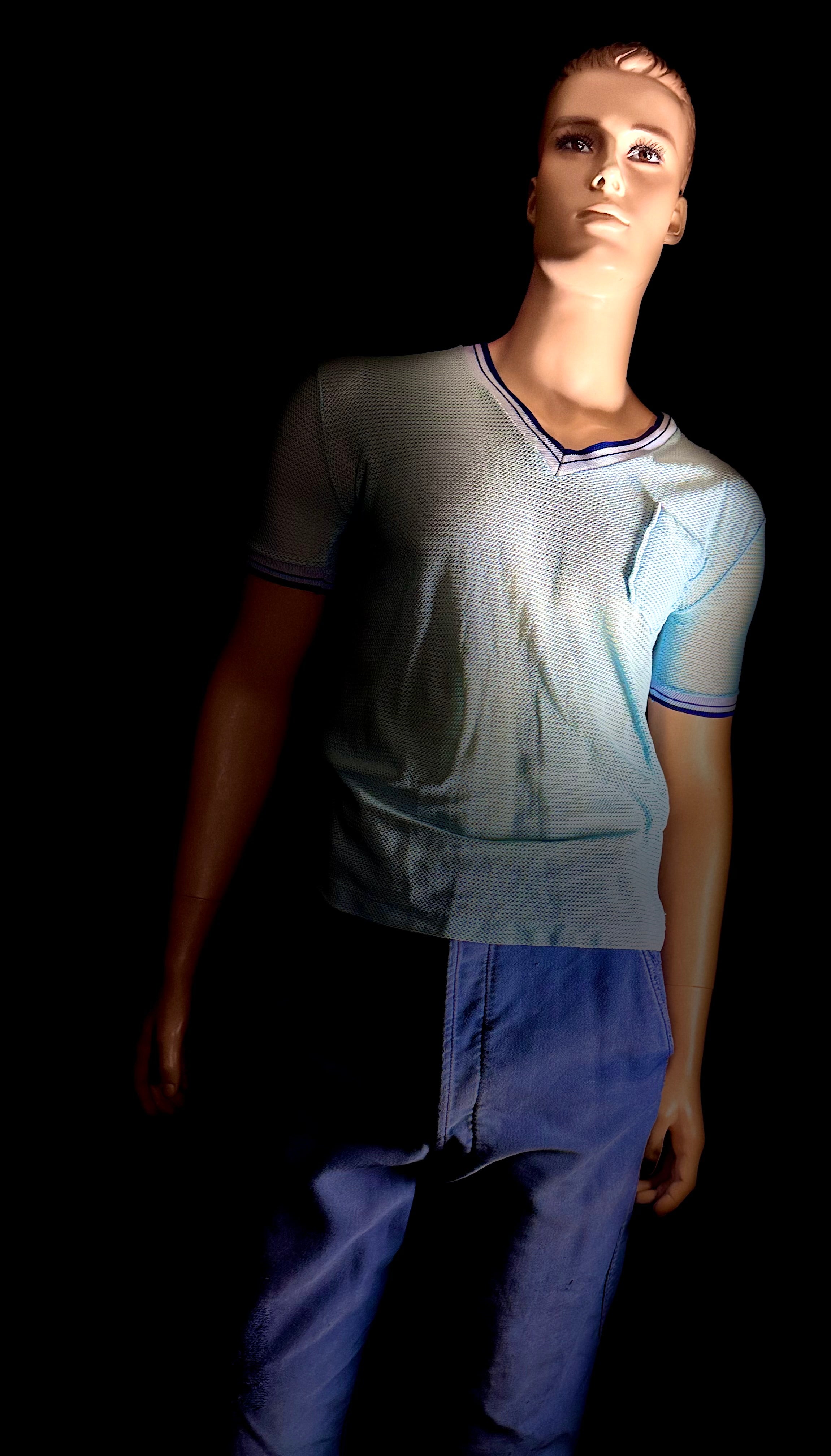 1960s Powder Blue Mesh Athletic Tee - Varsity Trim (Vintage Sportswear)