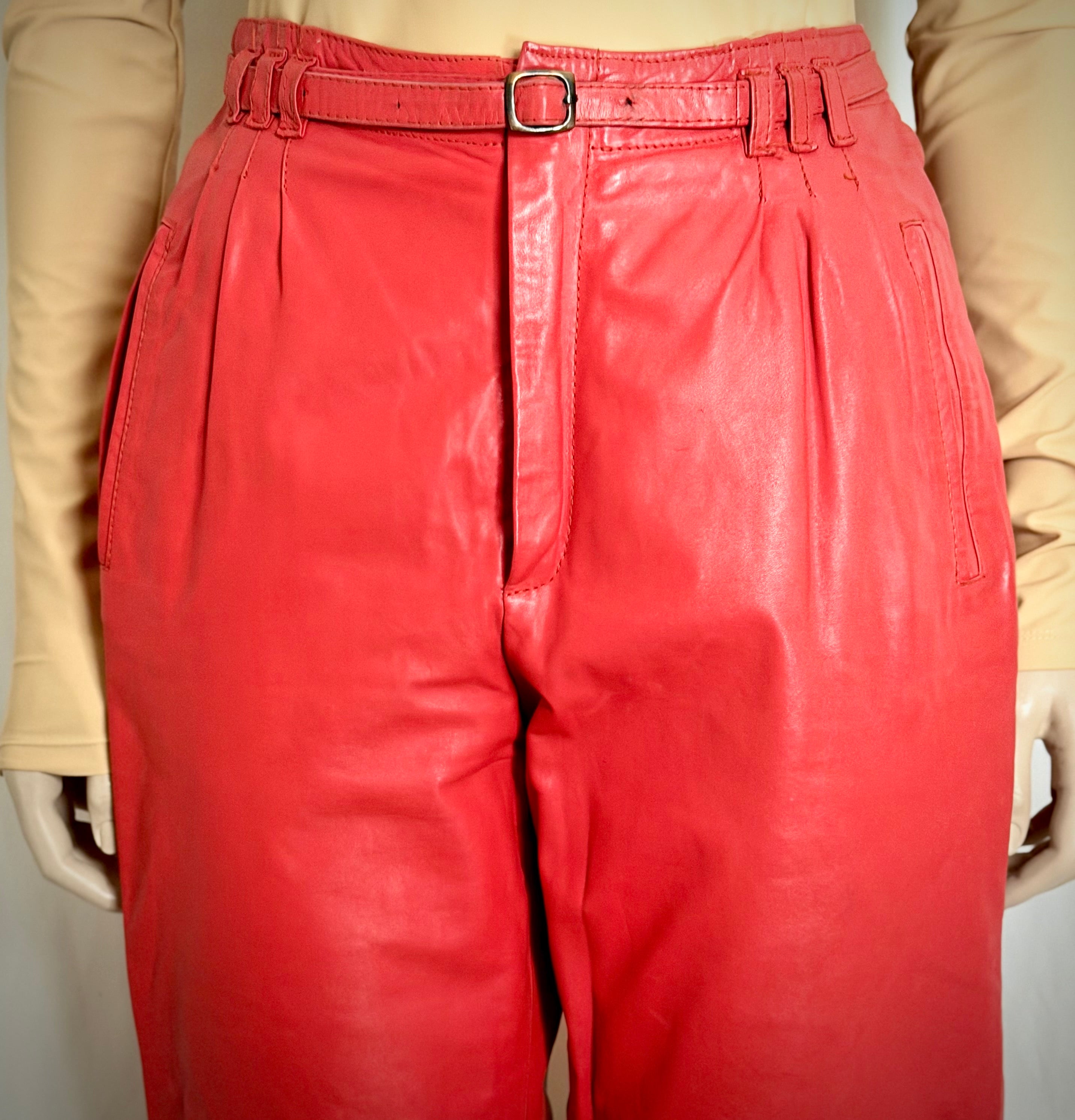 Vintage Red Leather Trousers - High-Waist Cut