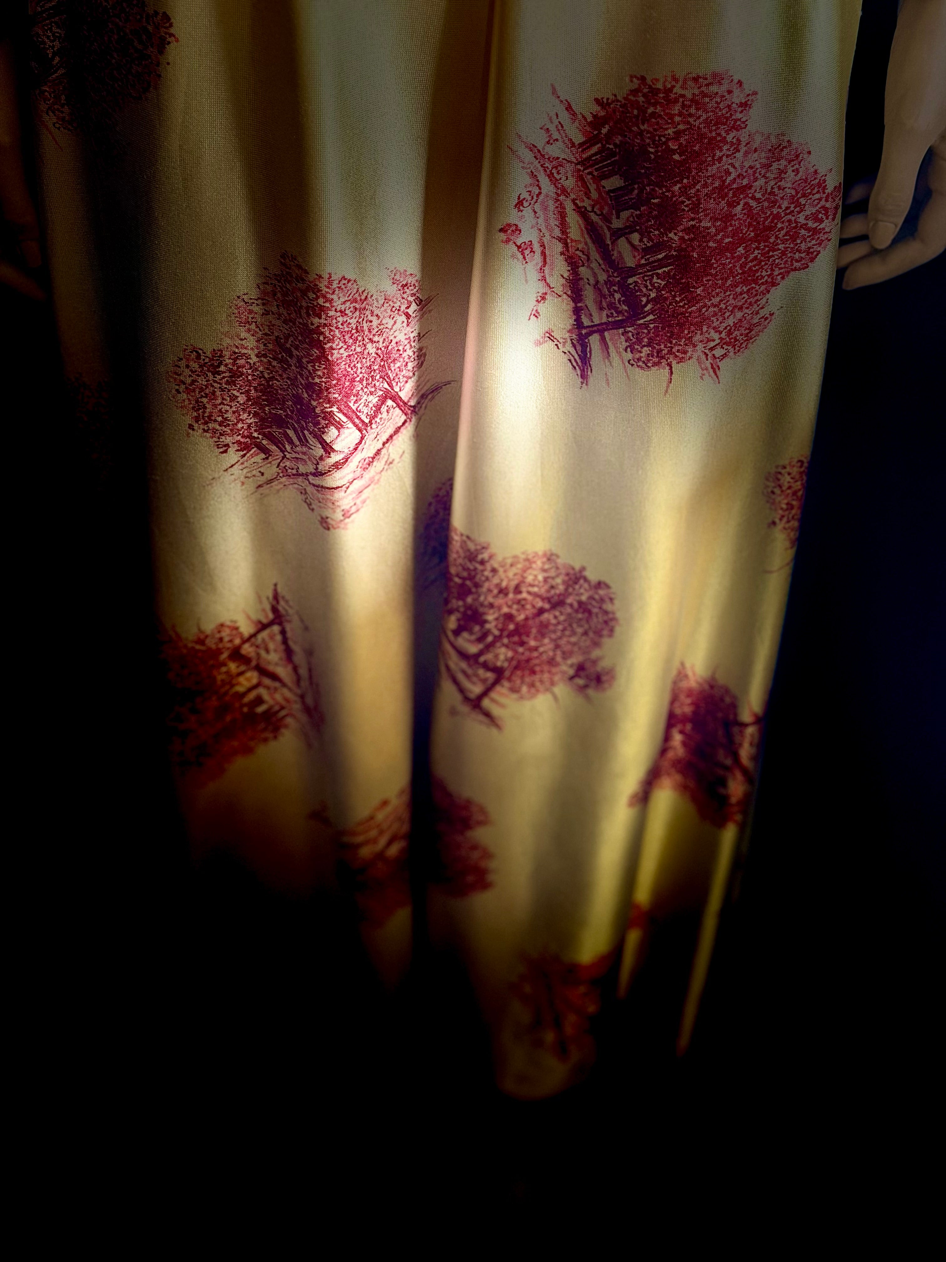 Vintage 1970s Golden Toile Evening Gown – Balloon Sleeves, Full Length