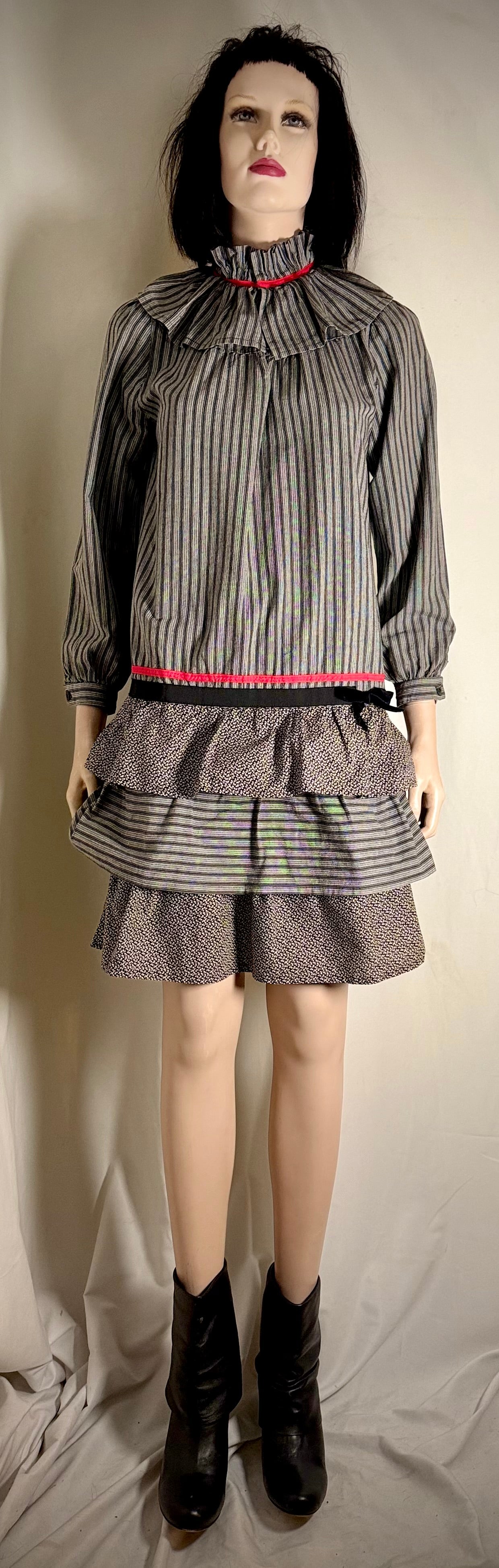 1970s-1980s Prairie Ruffle Dress with Pierrot Collar