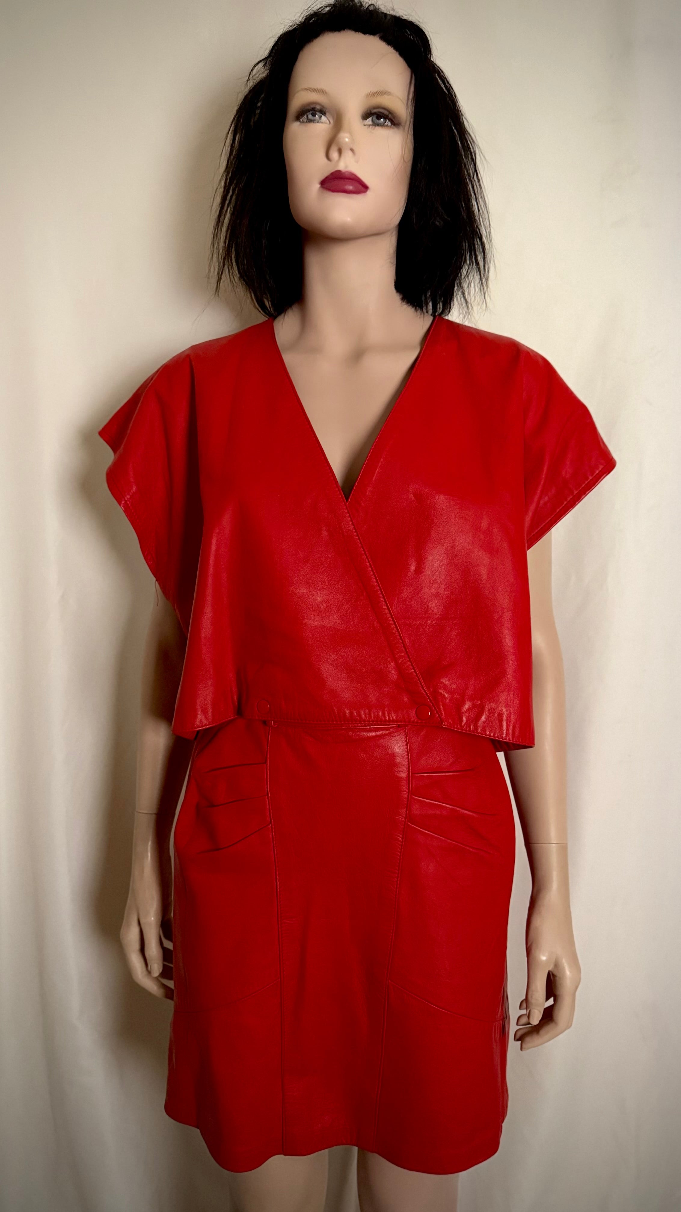 Vintage 80s Red Leather Set -Argentinian Vera Pelle Wrap Top and High-Waist Skirt