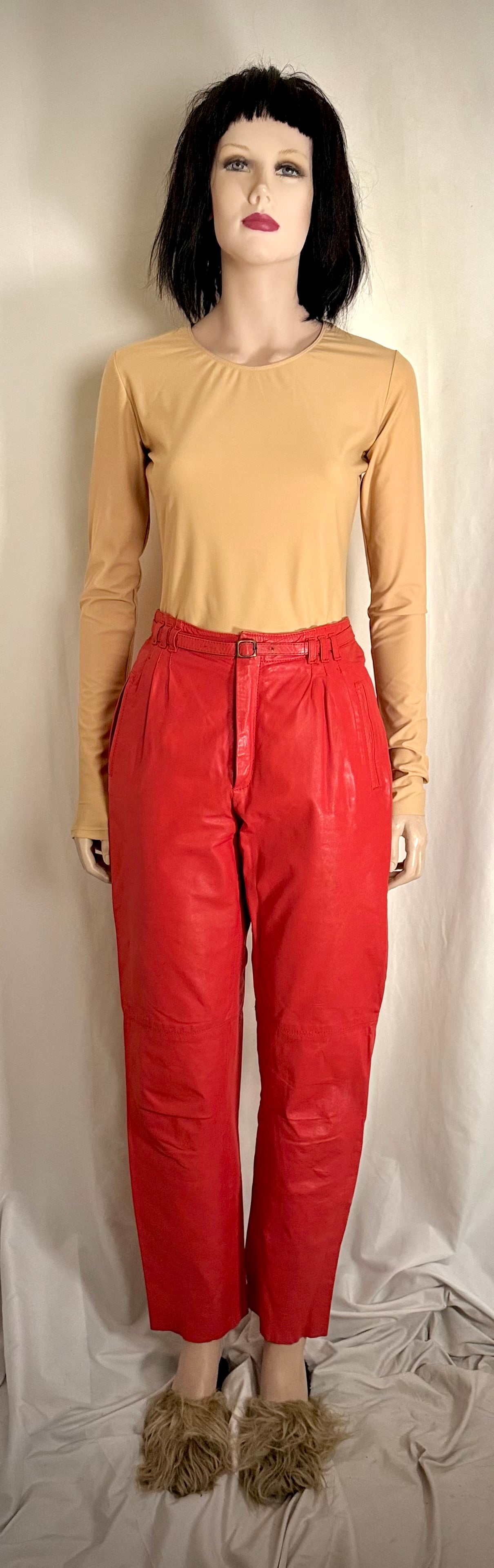 Vintage Red Leather Trousers - High-Waist Cut