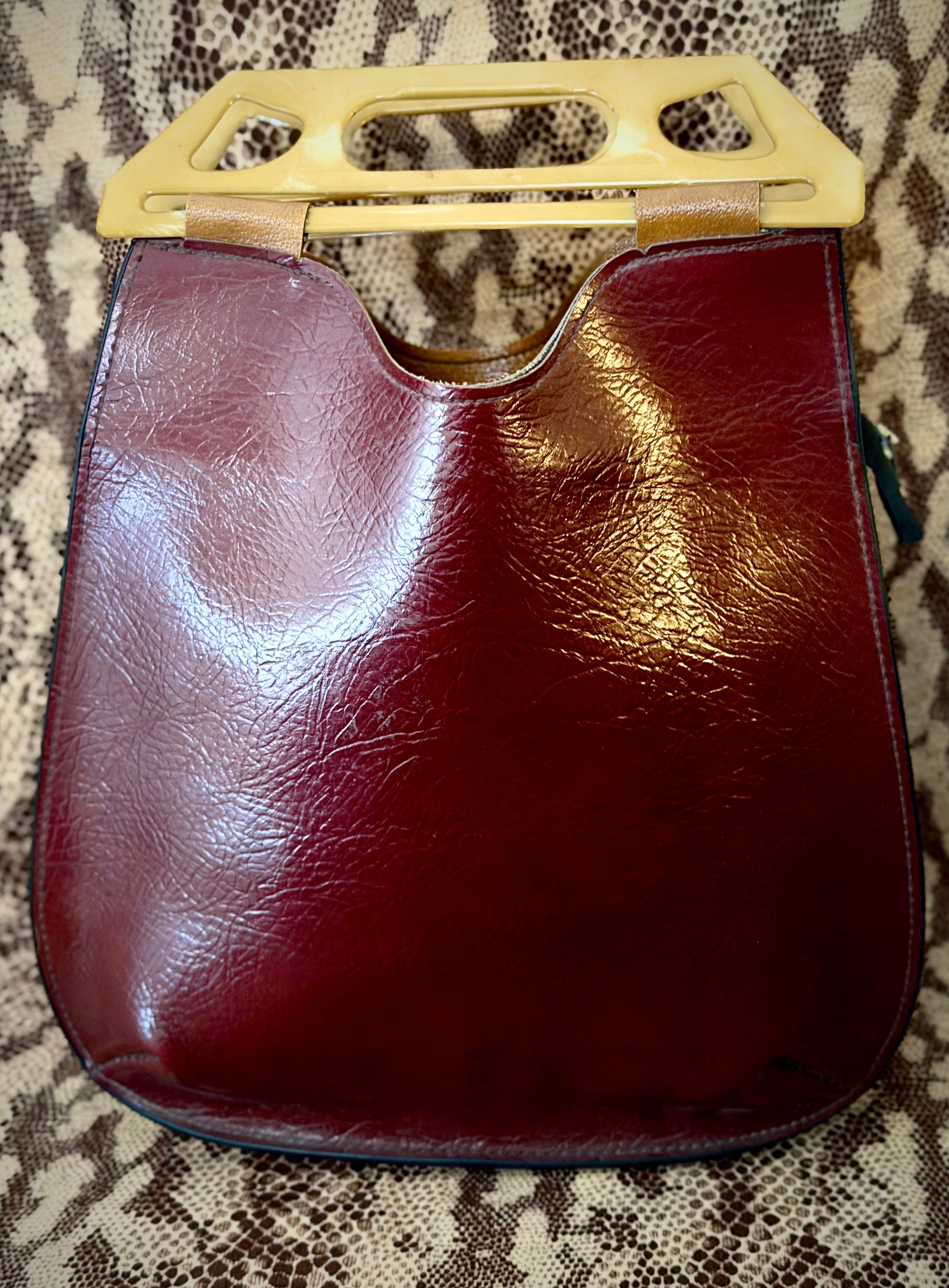 1960s-1970s Large Italian Leather Bag with Sculptural Handles- Deadstock