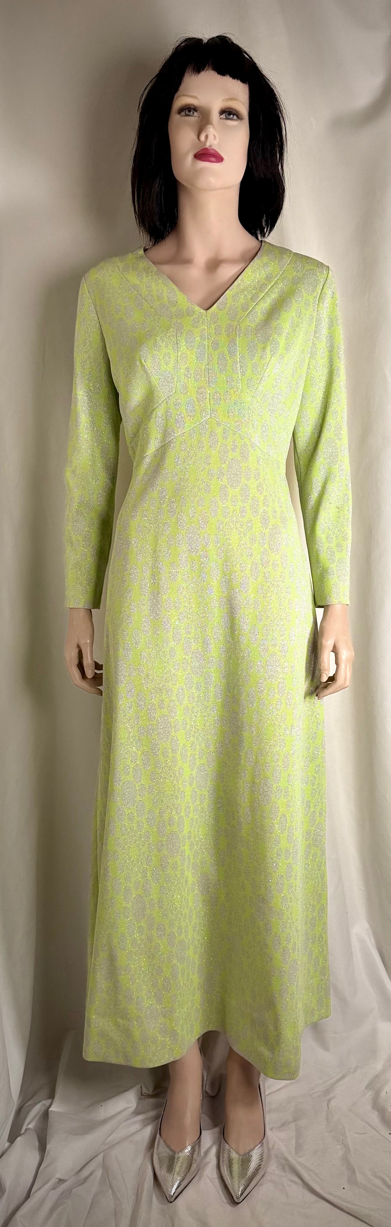 1960s Chartreuse Metallic Jacquard Op-Art Evening Gown (Mint Condition)