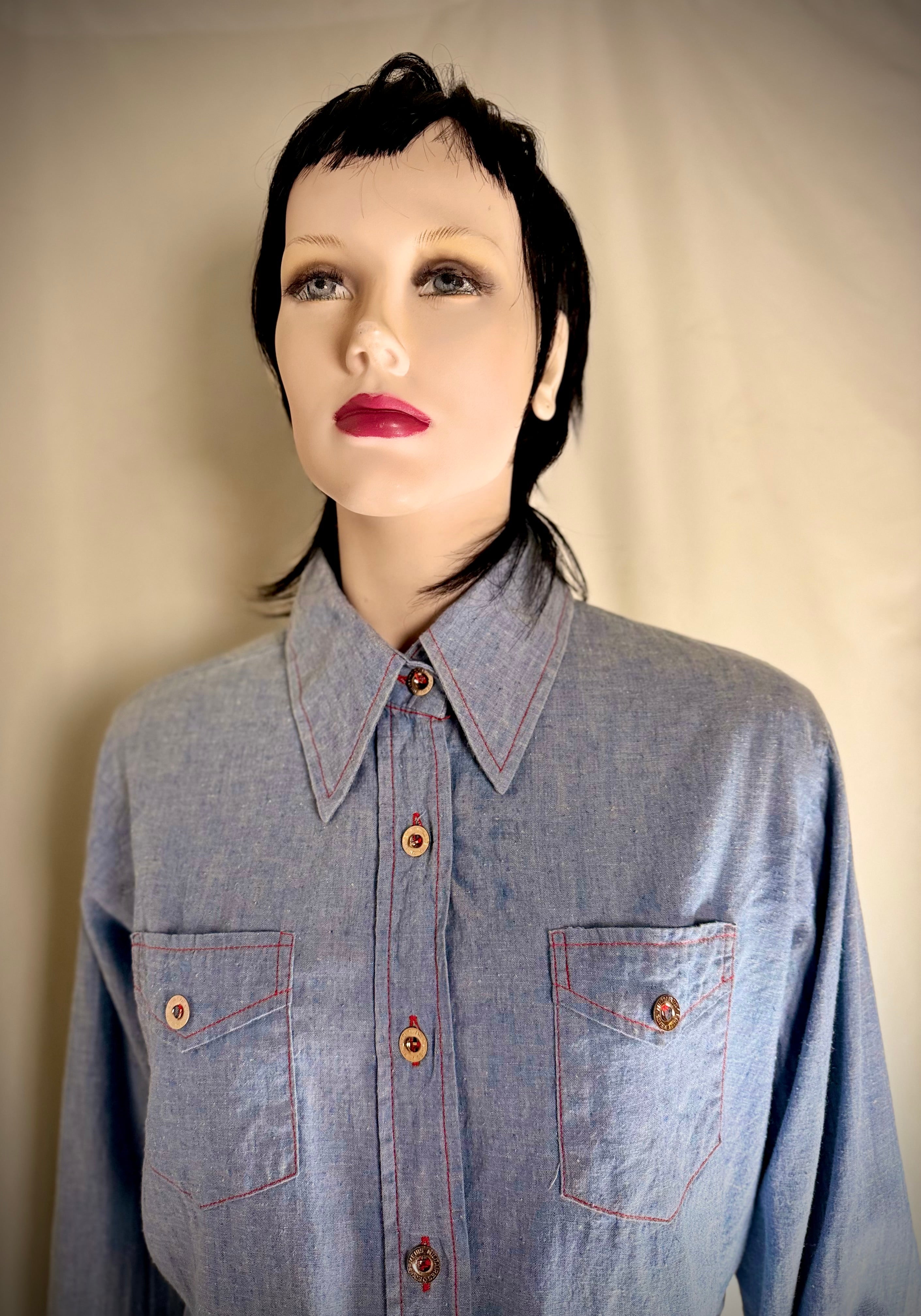 1970s American Denim Shirt with French Military Buttons – Dagger Collar, Red Contrast Stitching