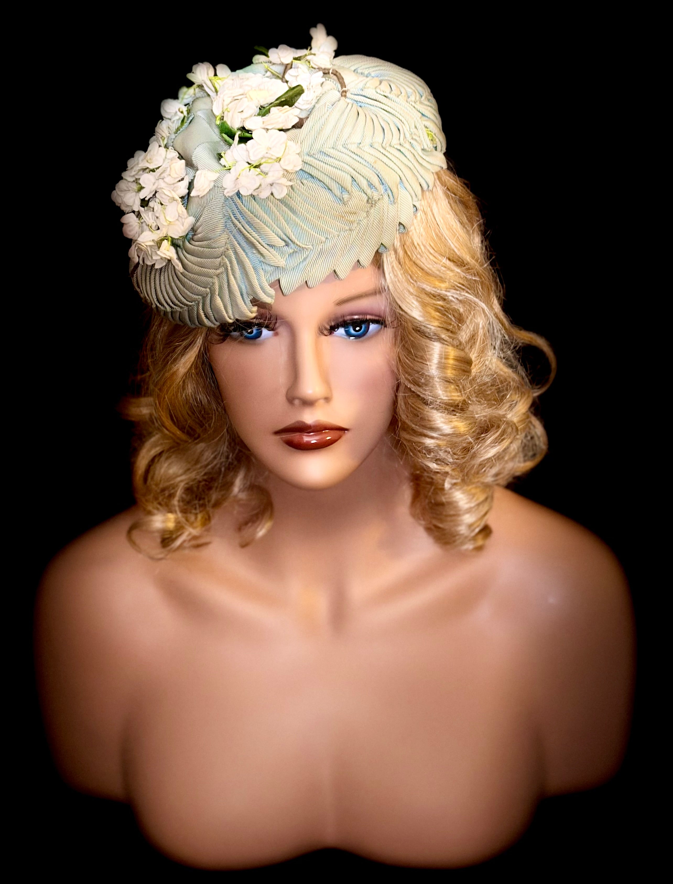Exquisite 1950s Soft Green Pleated Ribbon & Florals Hat