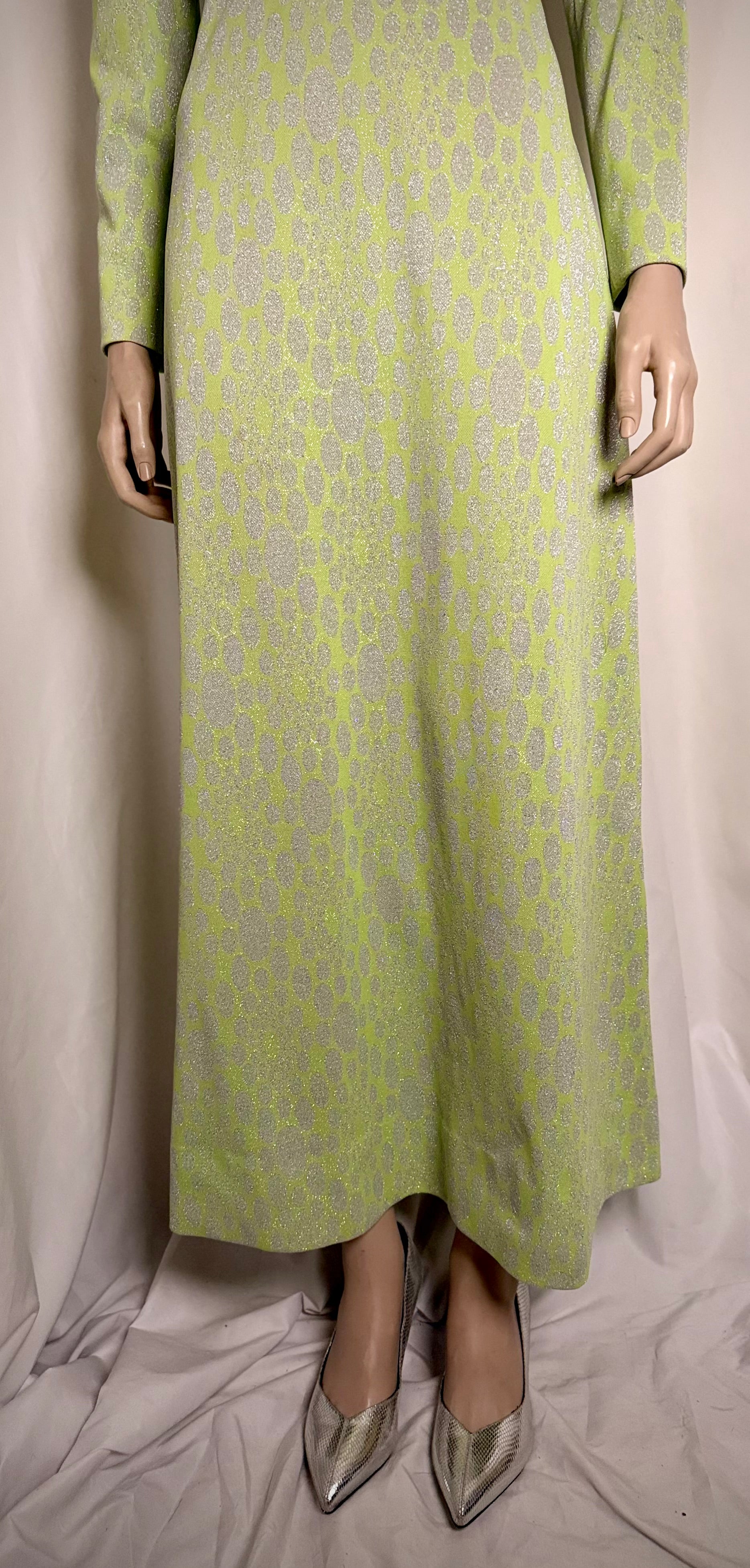1960s Chartreuse Metallic Jacquard Op-Art Evening Gown (Mint Condition)