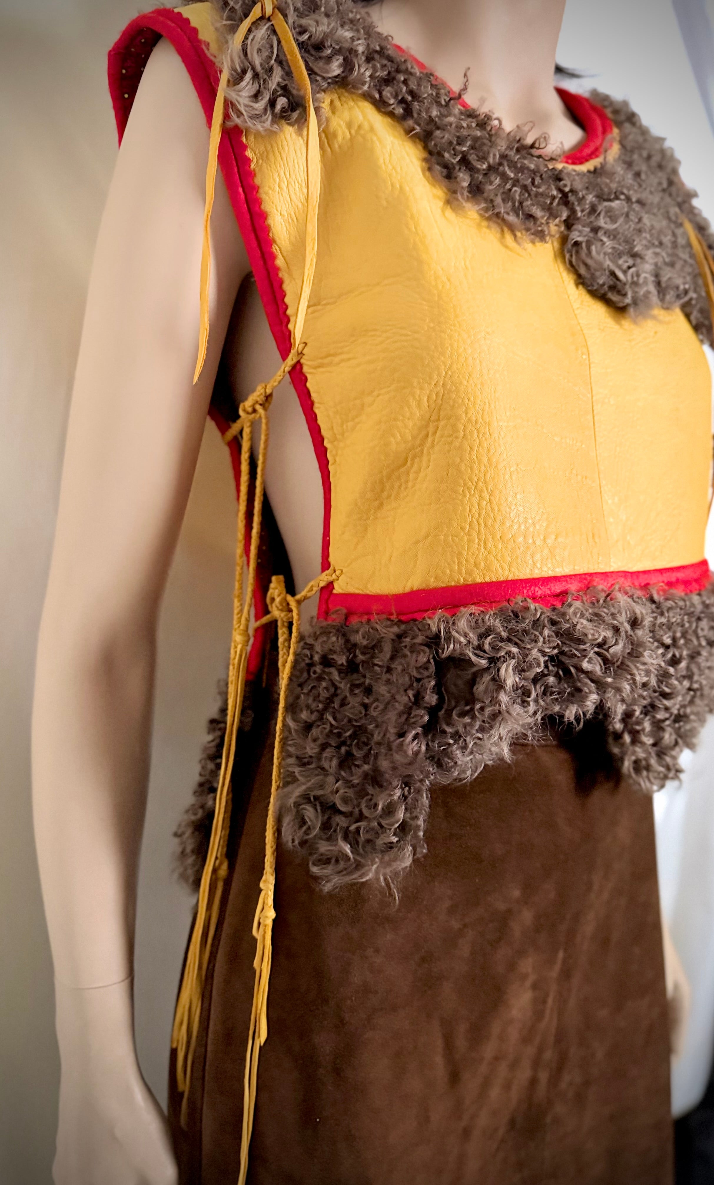 Rare 1970s Handmade Char Designs Leather and Mongolian Lamb Fur Vest