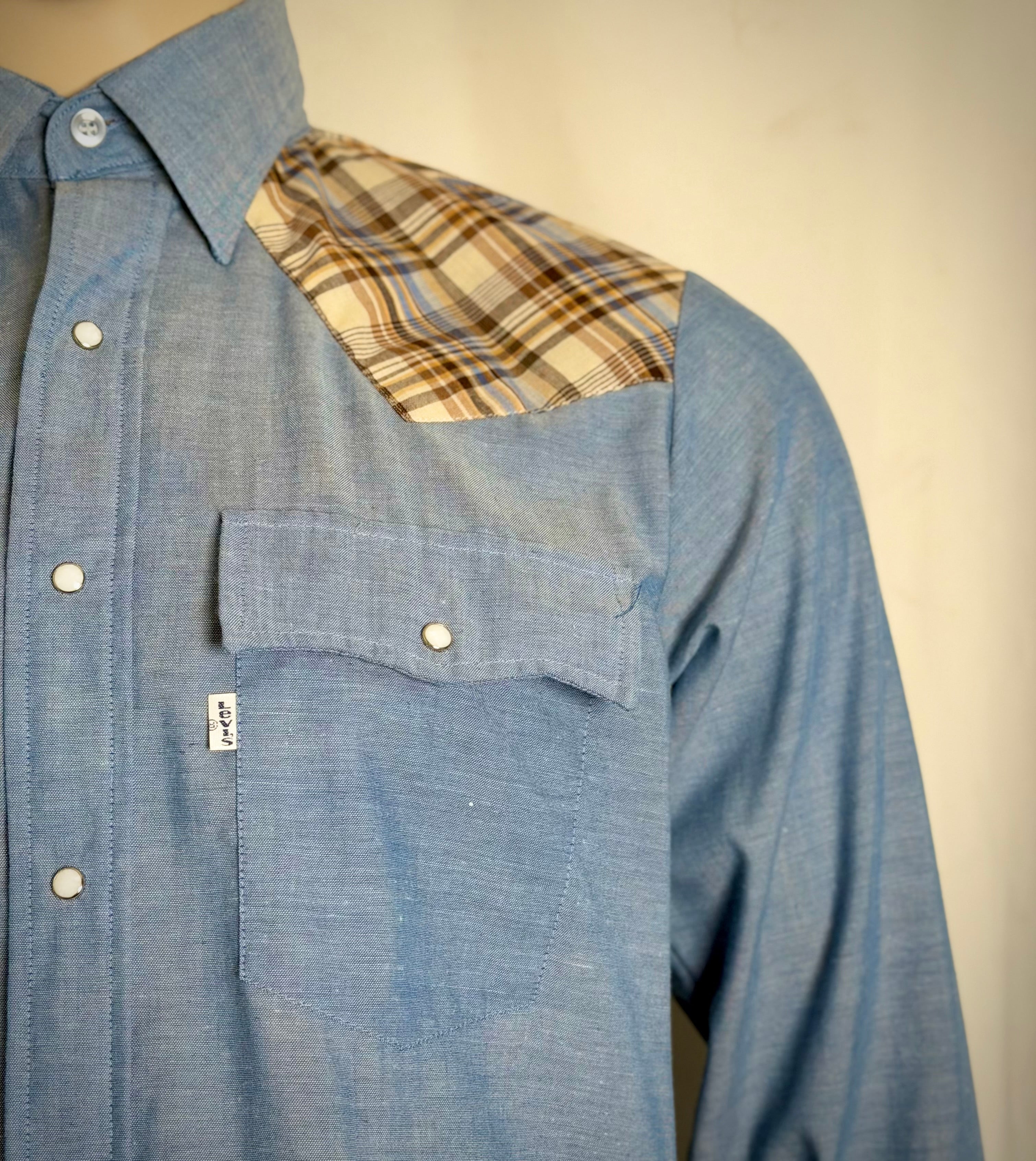 Deadstock 1970s Levi’s Western Chambray Shirt-Plaid Yoke, Large