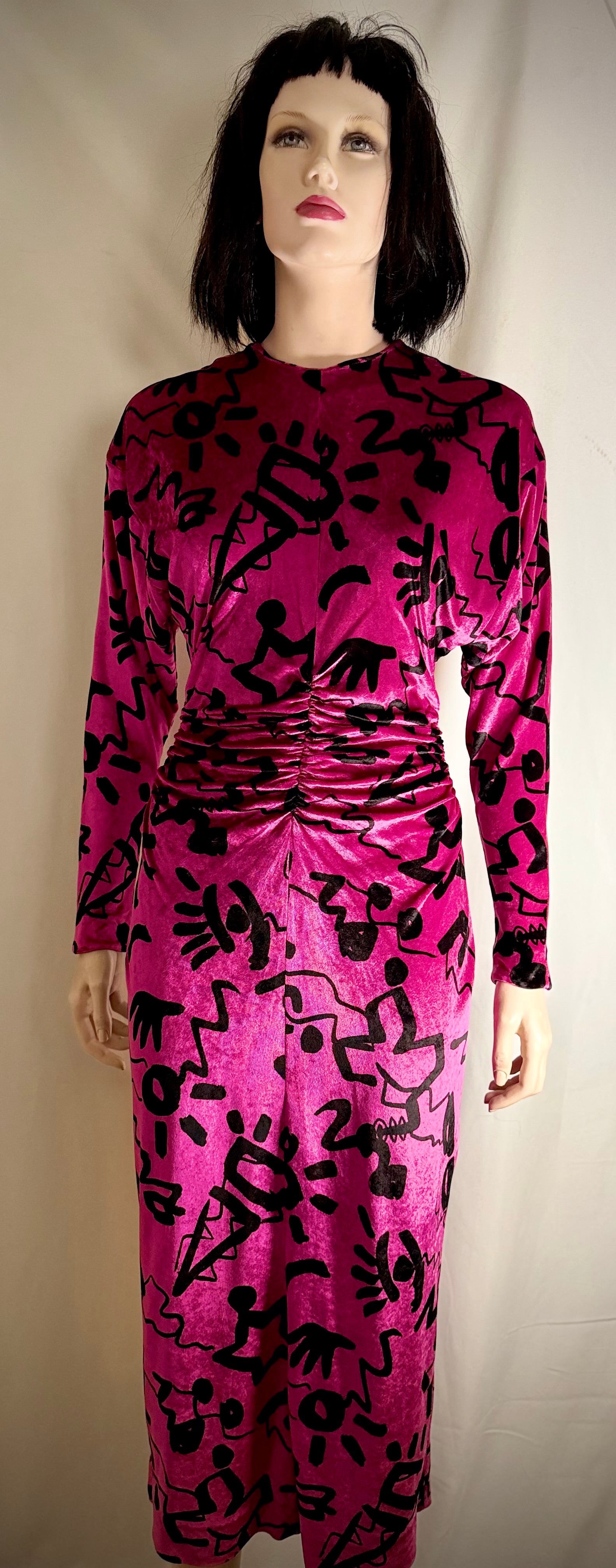 Nicole Miller Vintage Fuchsia Velvet Graphic Print Dress