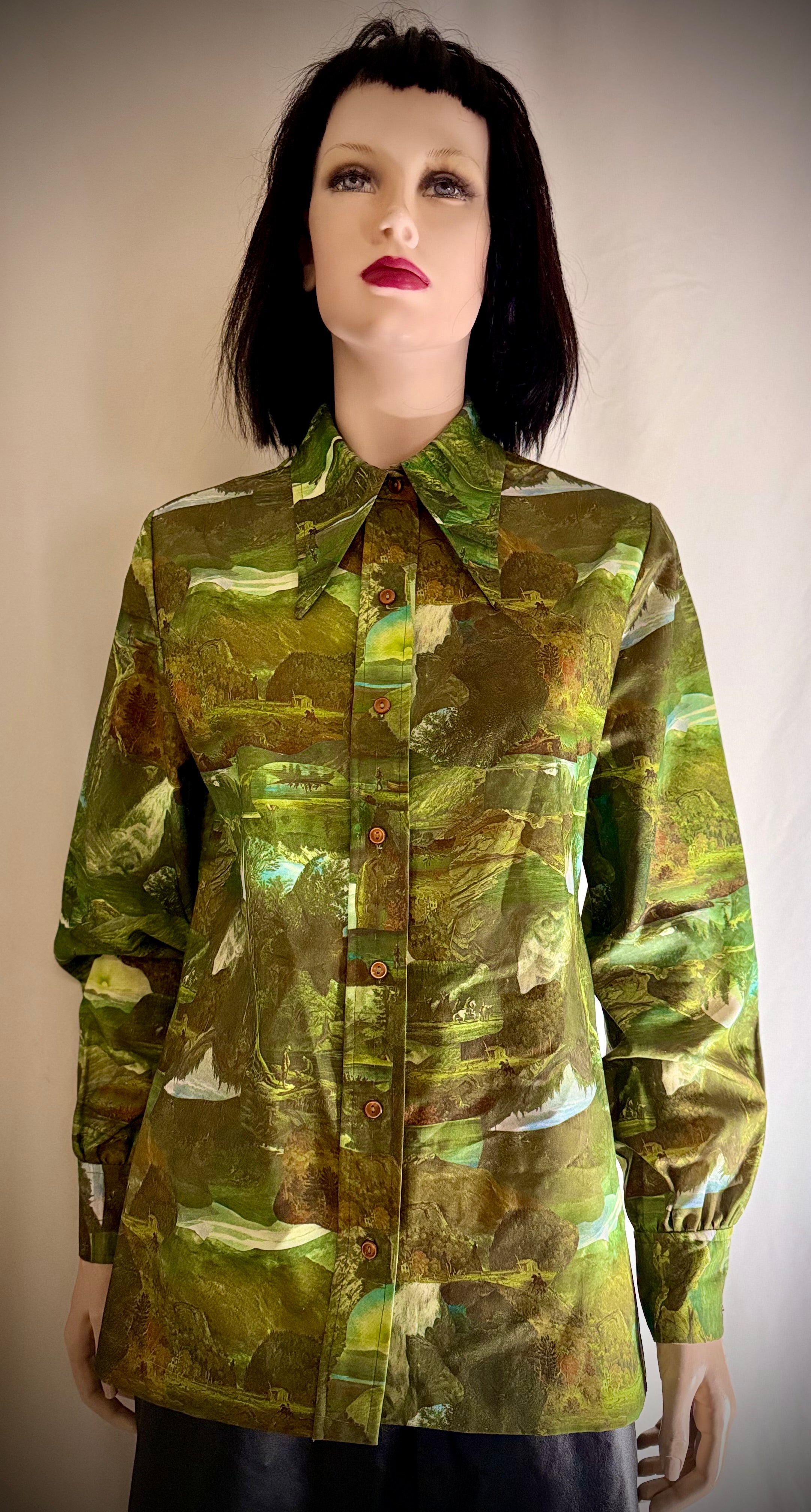 Late 1960s–Early 1970s Forest Scenic Print Shirt | Painterly Landscape Blouse