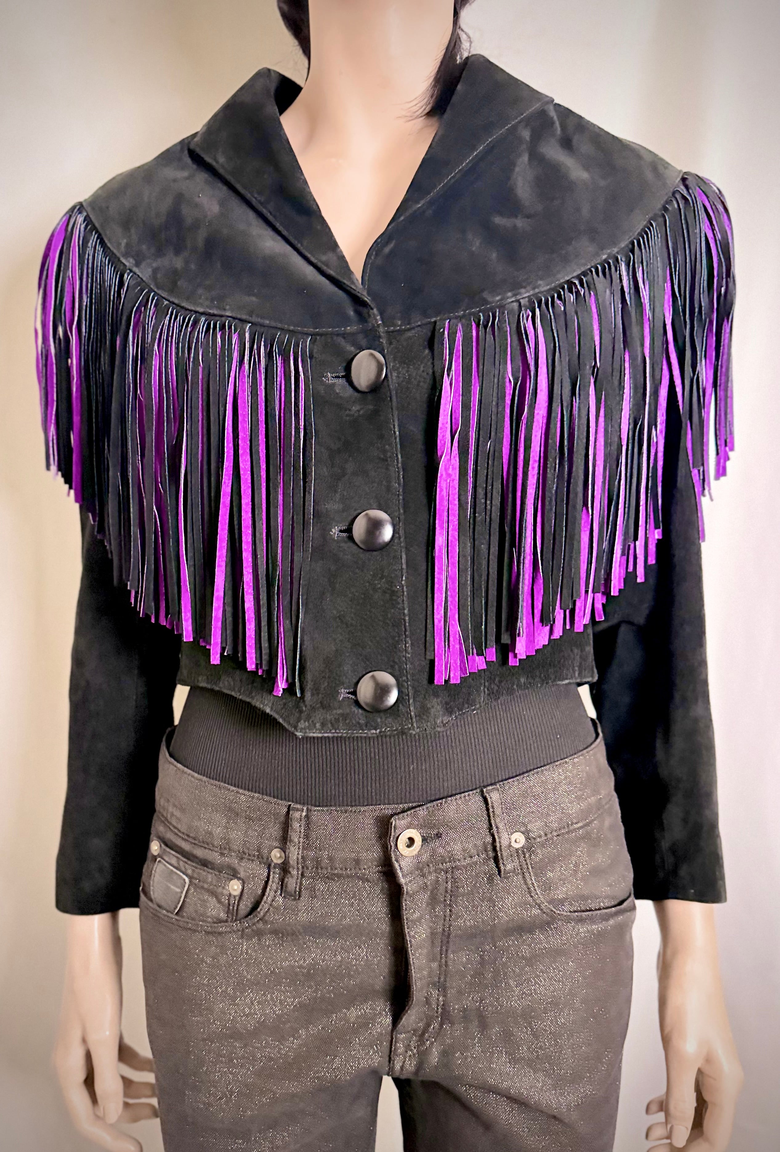 Exceptional 1980s Adler Black and Purple Suede Fringe Jacket