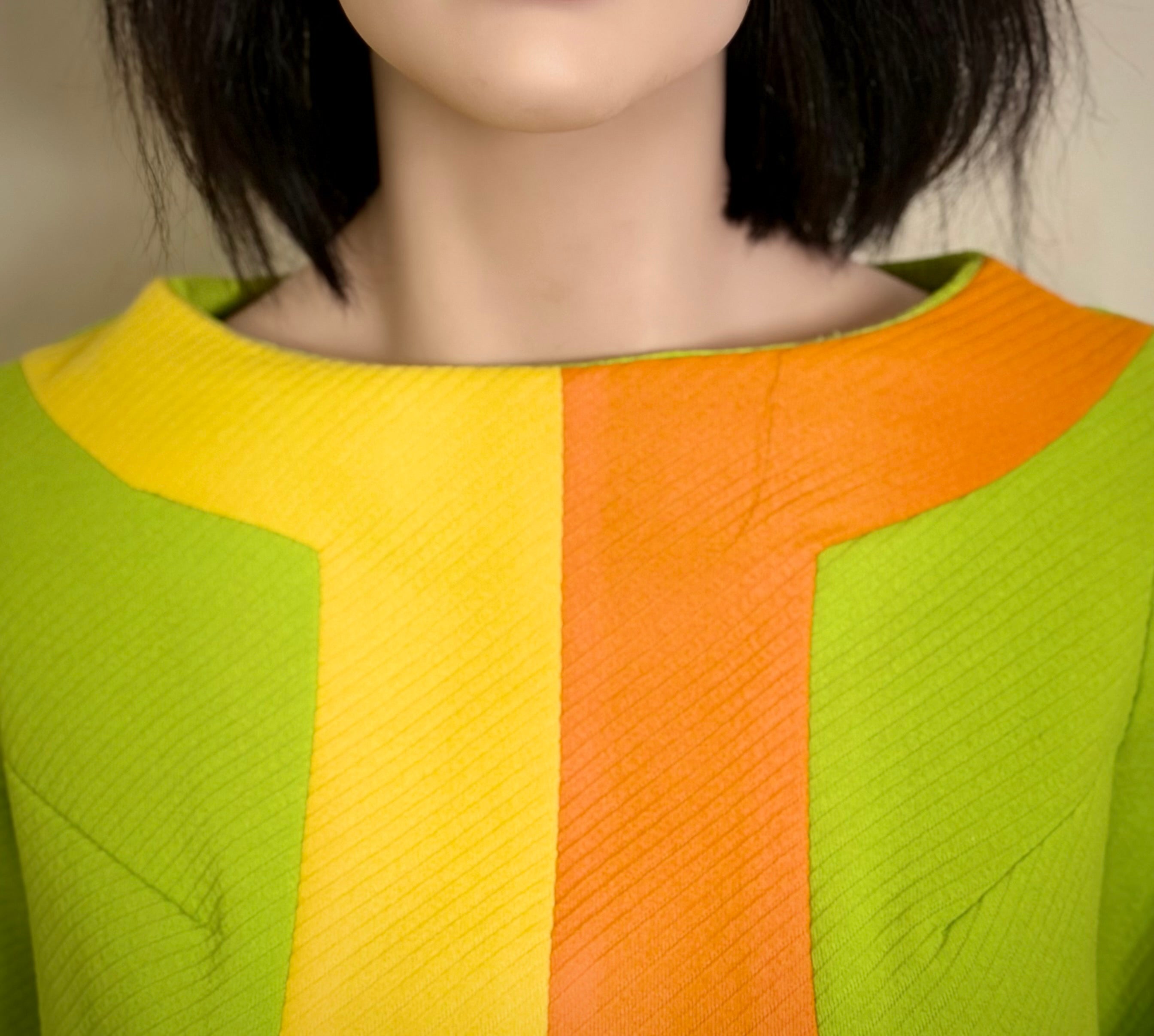 1960s Mod Graphic Stripe Shift Dress - Lime, Yellow and Tangerine