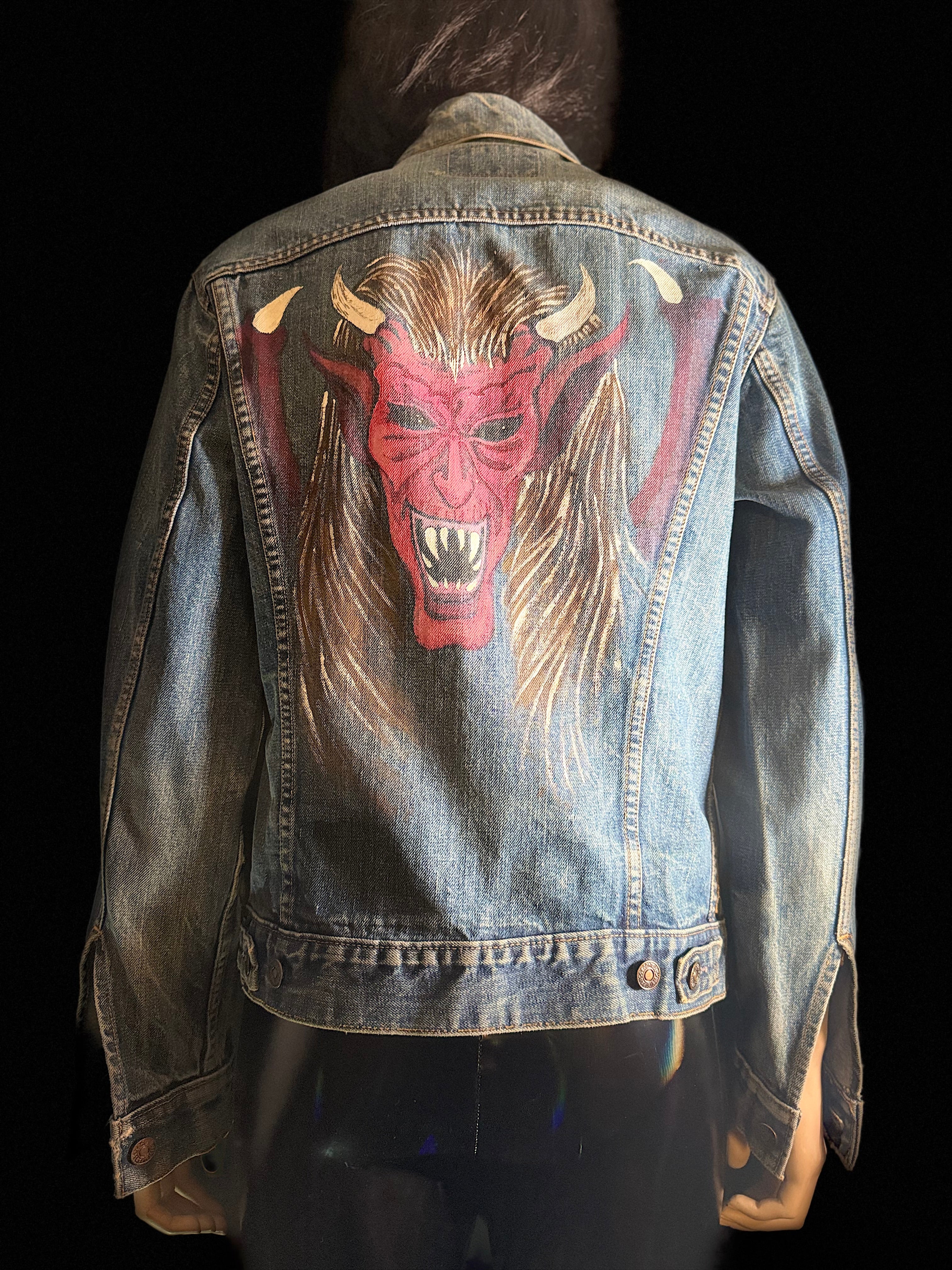1960s Levi’s Big E Denim Trucker Jacket - Hand Painted Devil Artwork by New York Artist