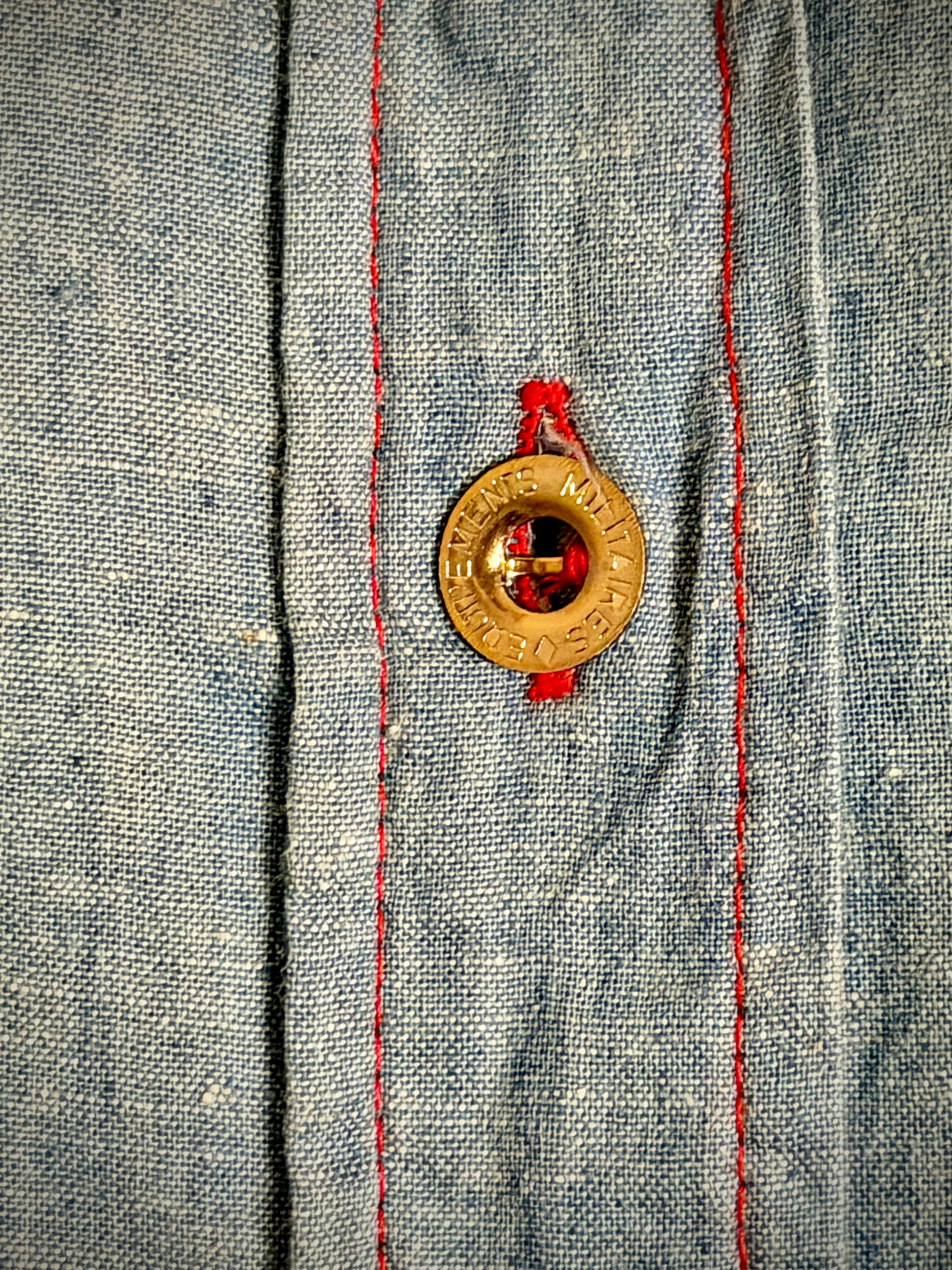 1970s American Denim Shirt with French Military Buttons – Dagger Collar, Red Contrast Stitching