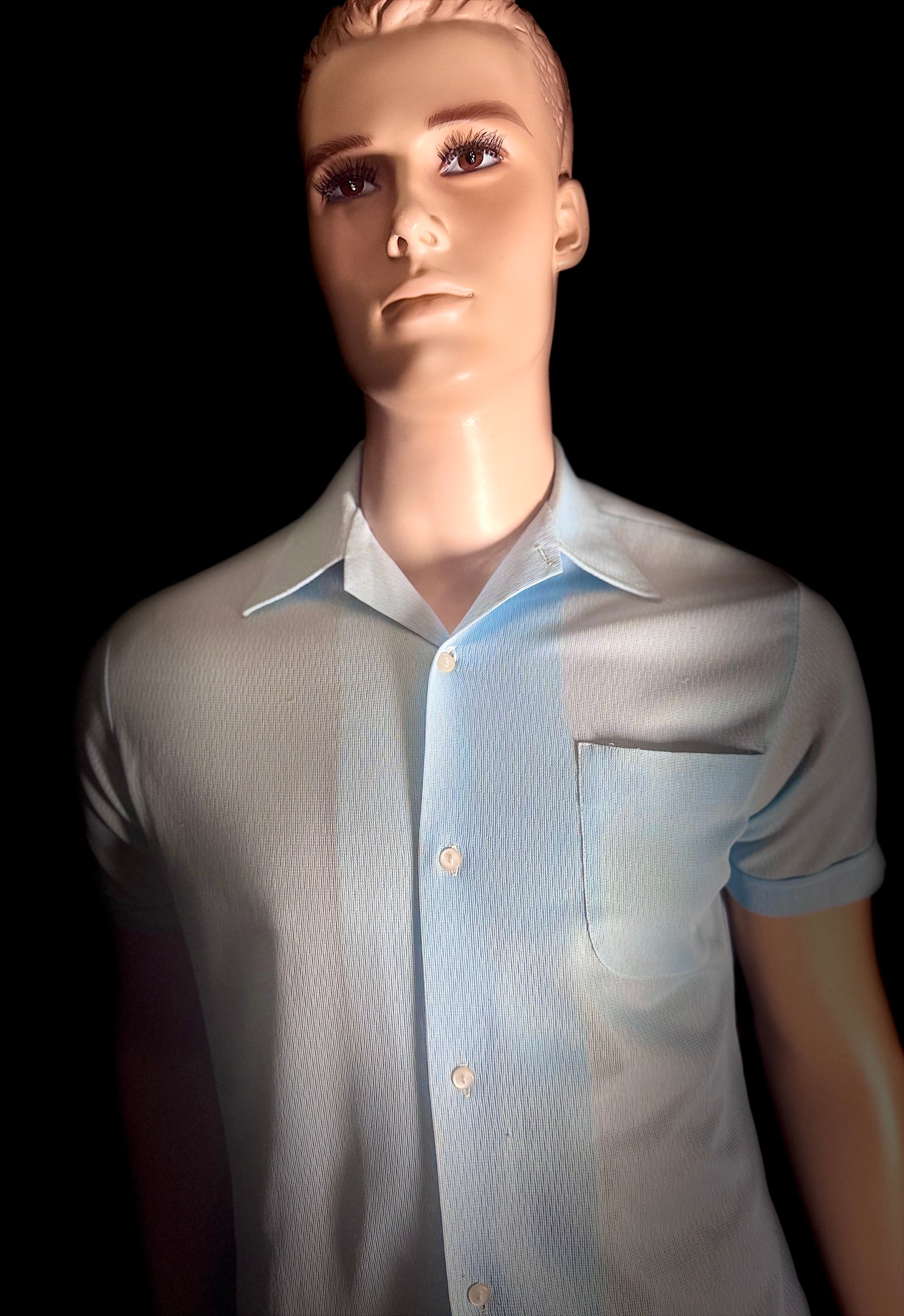 1960s Ice-Blue Sheer Shirt - Lightweight Mesh Weave