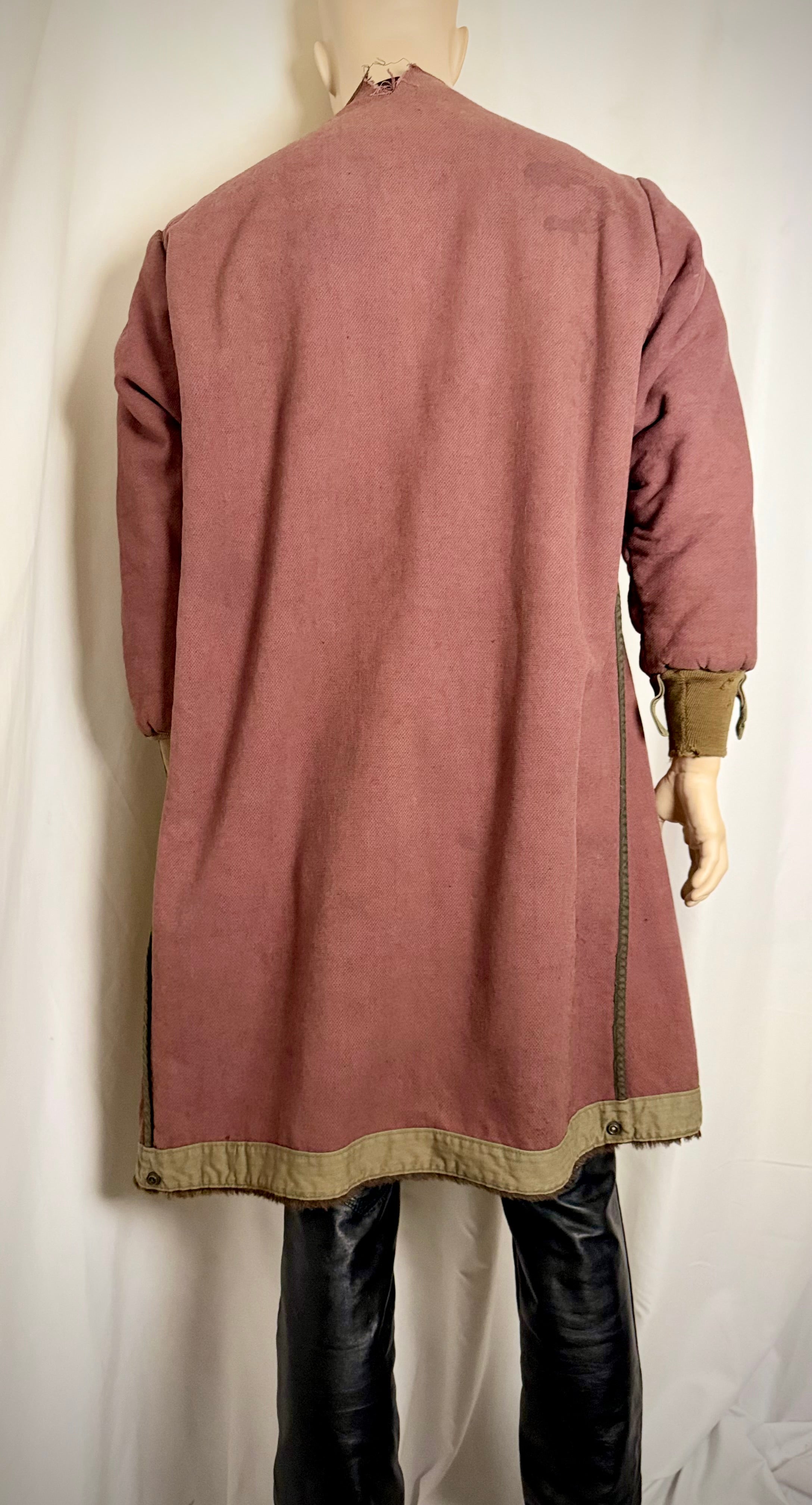 1960s Shearling Lined
Collarless Workers Coat - Olive Herringbone Trim