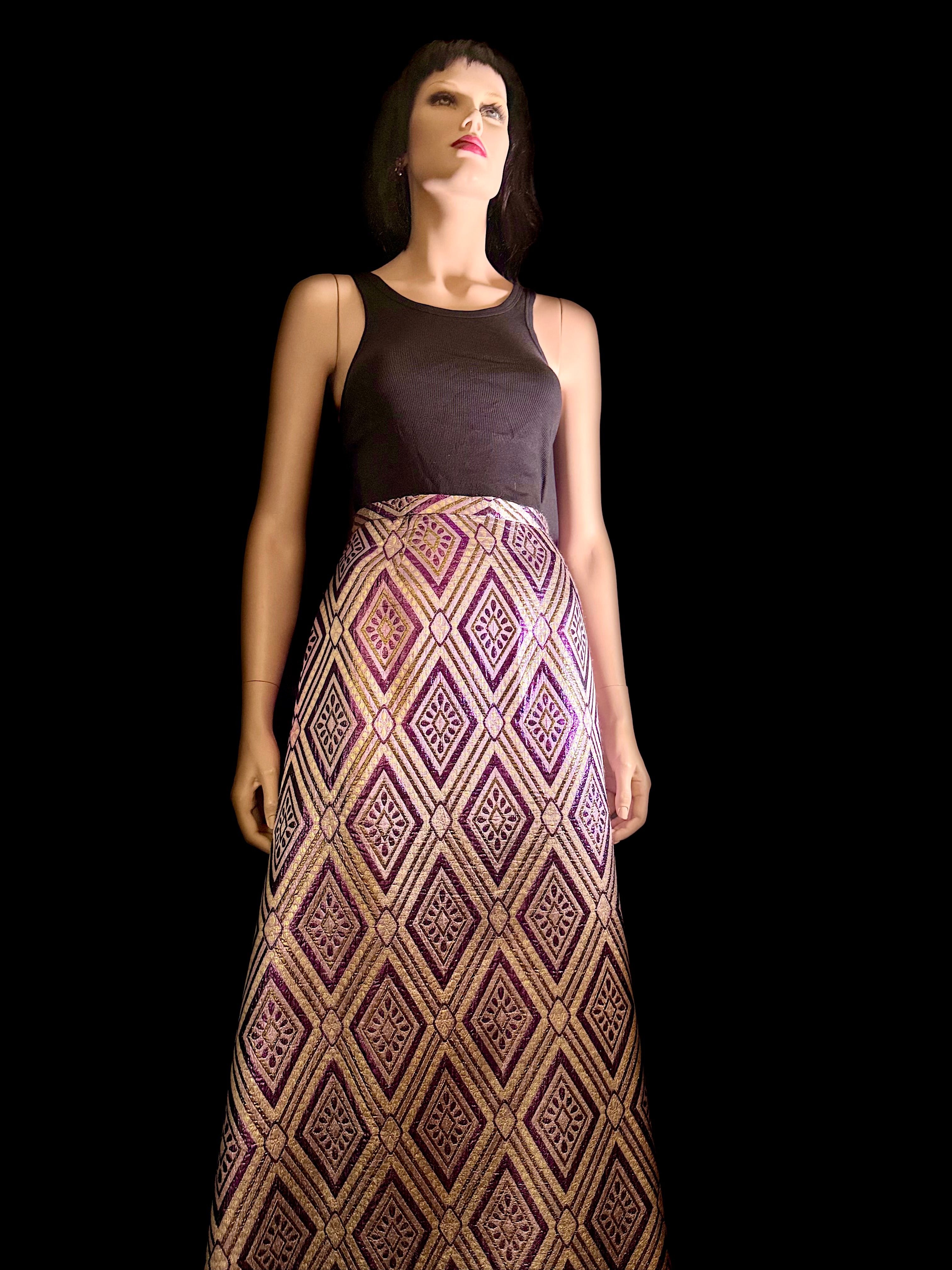 1960s Metallic Brocade A-Line Maxi Skirt - Geometric Op Art Pattern