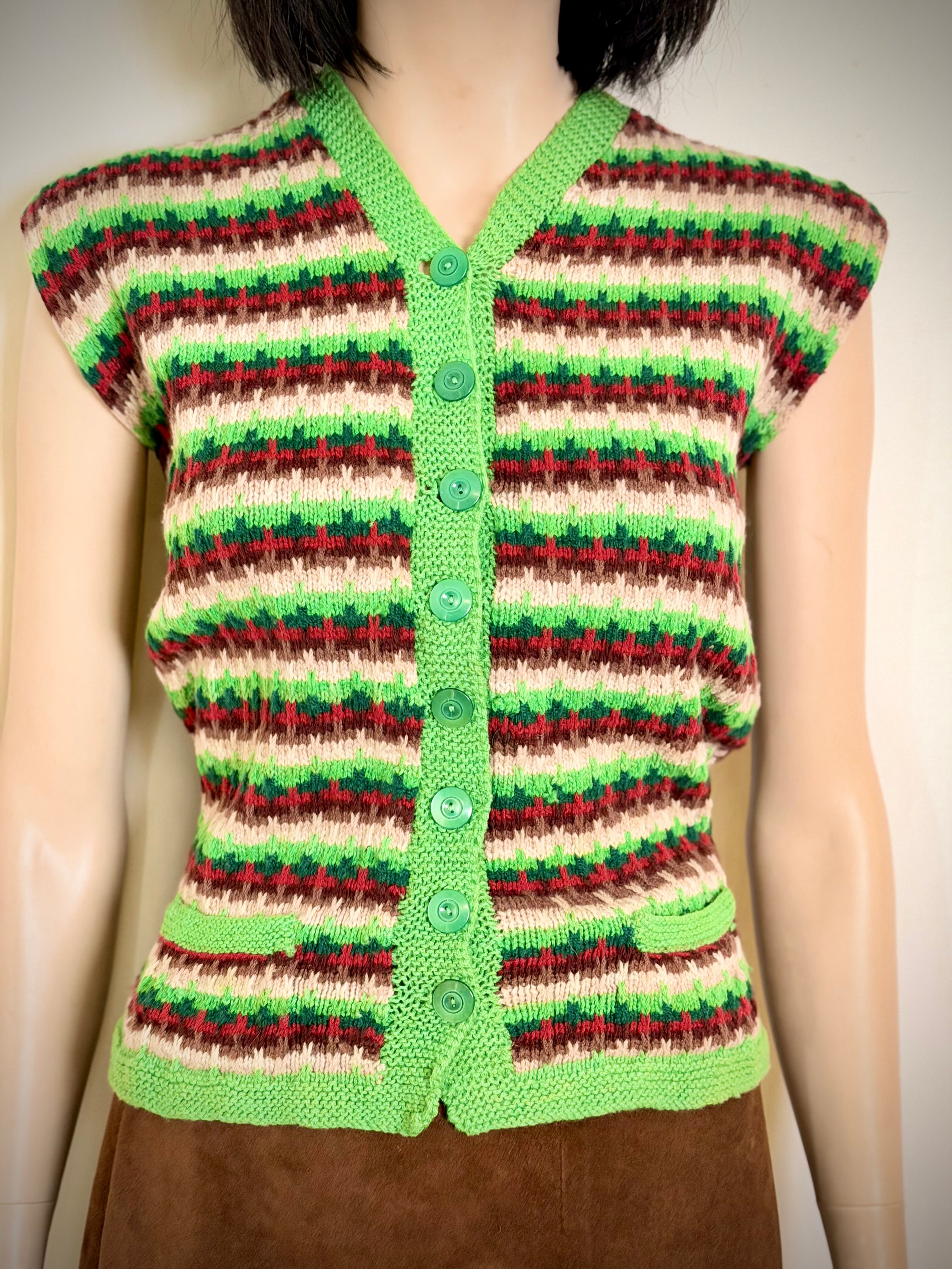 1940s-50s Hand-Knitted Wool Vest | Folk Stripe Knit