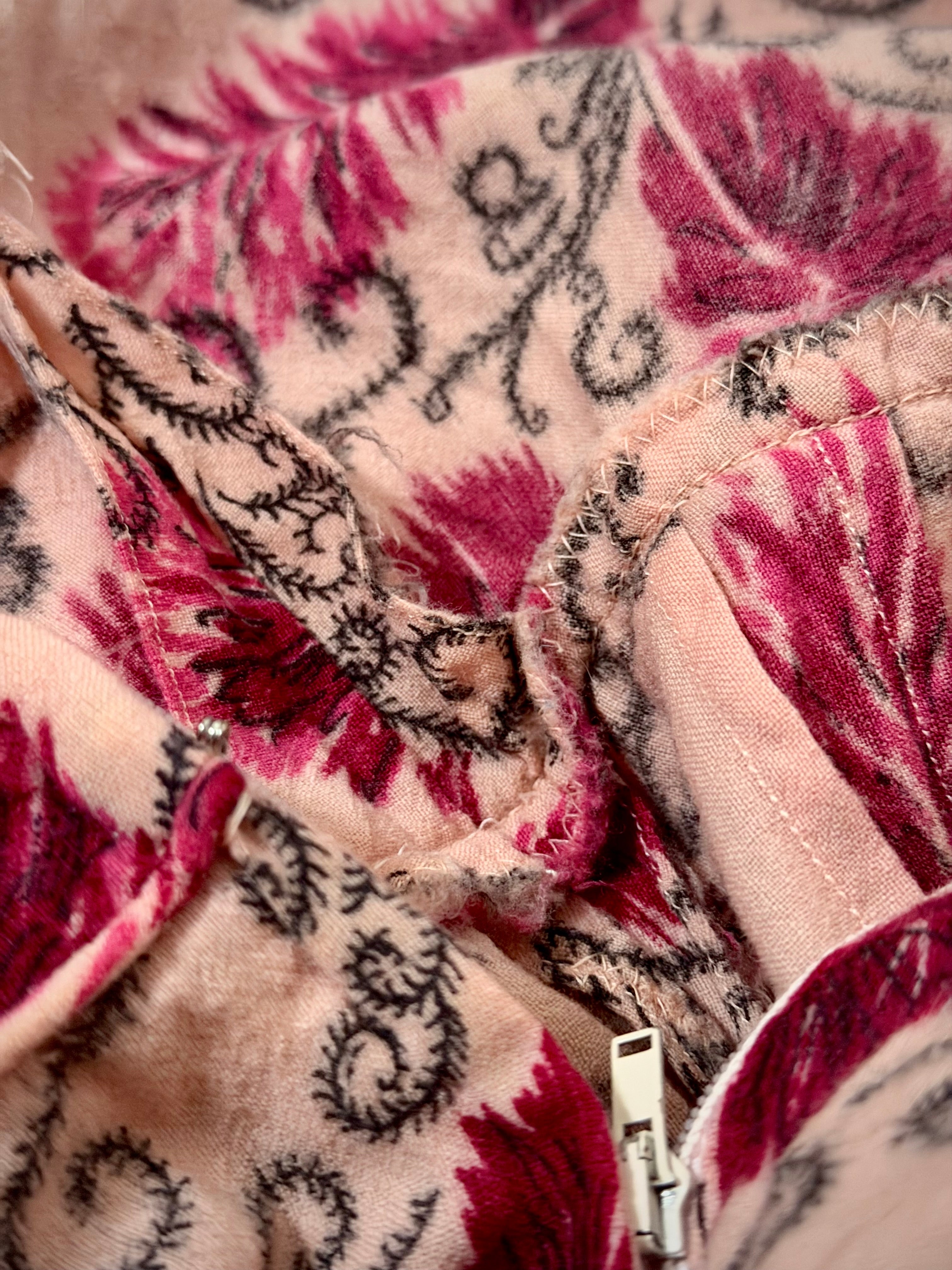 Circa 1940s Cotton Day Dress with Raspberry Print- Professionally Restored